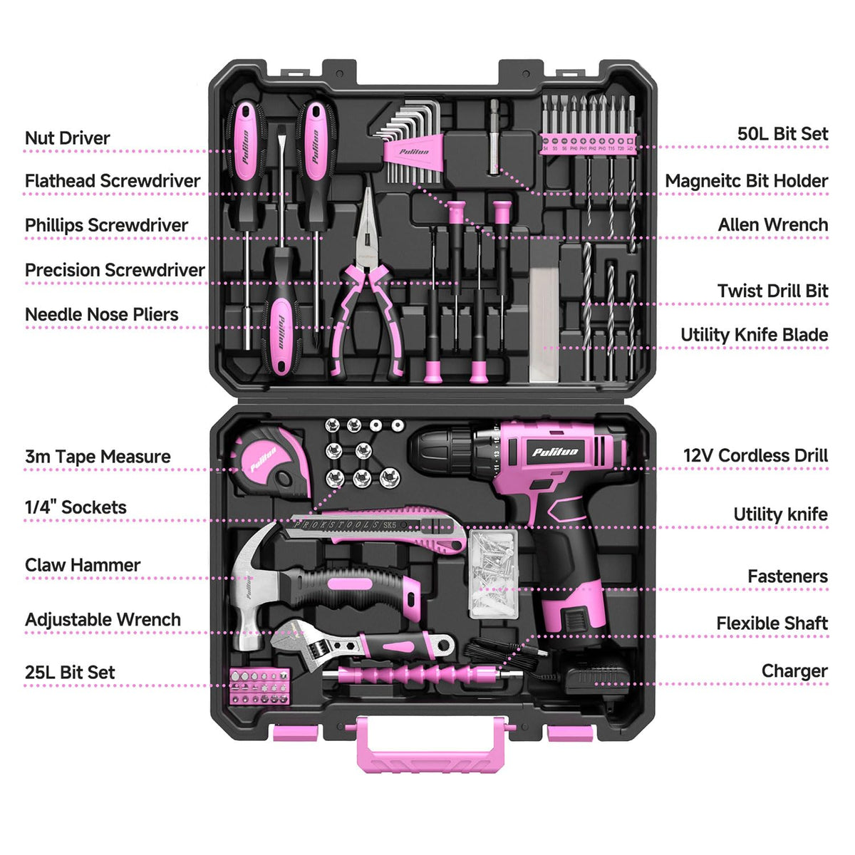 PULITUO Drill Set 149 Piece Home Tool Set with 12V Pink - PULITUO Official Imagery - 3