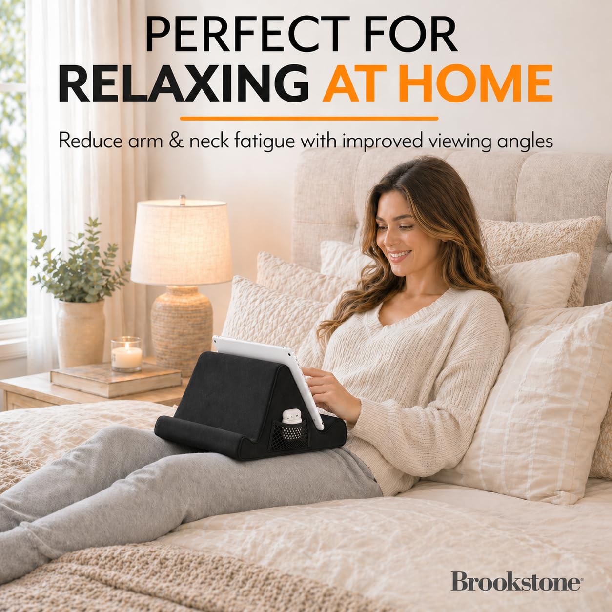 Brookstone Tablet Lap Cushion - Tablet and Phone Holder for Bed, Flights, and Travel, Two Angled Memory Foam Lap Desk for Reading and Hands Free Viewing, Compatible iPad and Kindle Accessories, Black