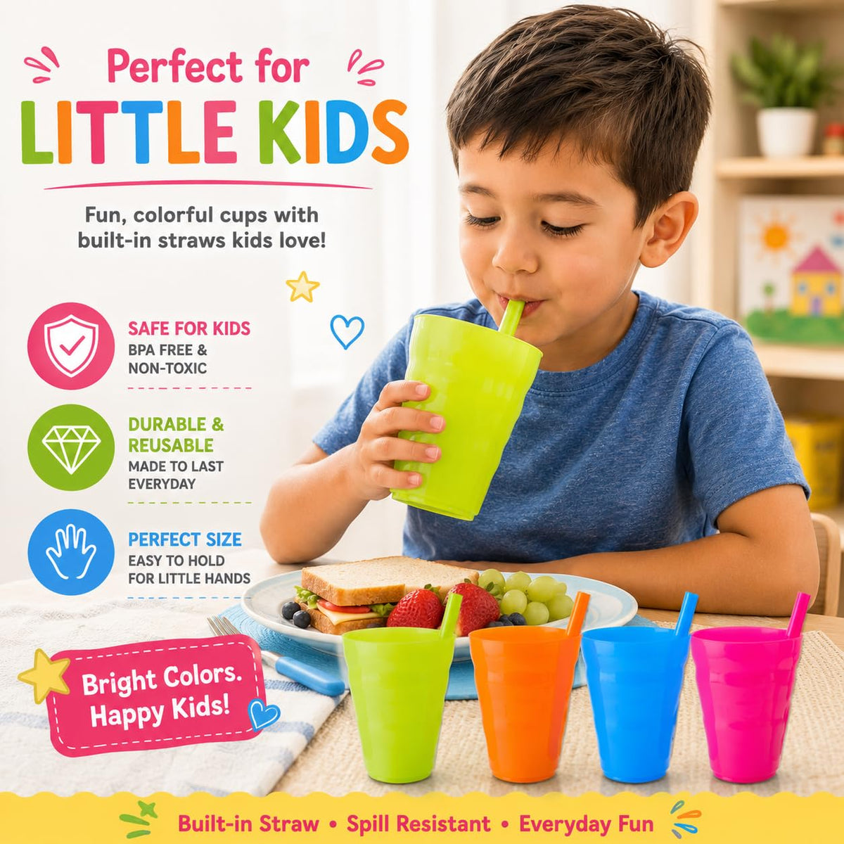 Basicwise Set of 4 Reusable 10 oz Plastic Cups with Built In - Basicwise Official Imagery - 7
