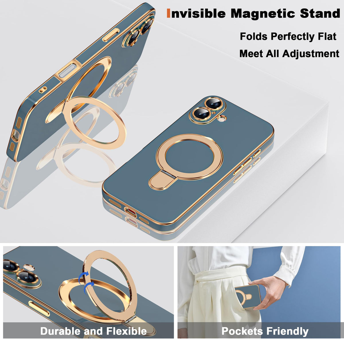 Plating Phone Case for iPhone 17 with Stand 6 3 Grey Blue - ETPESOK Official Imagery - 7