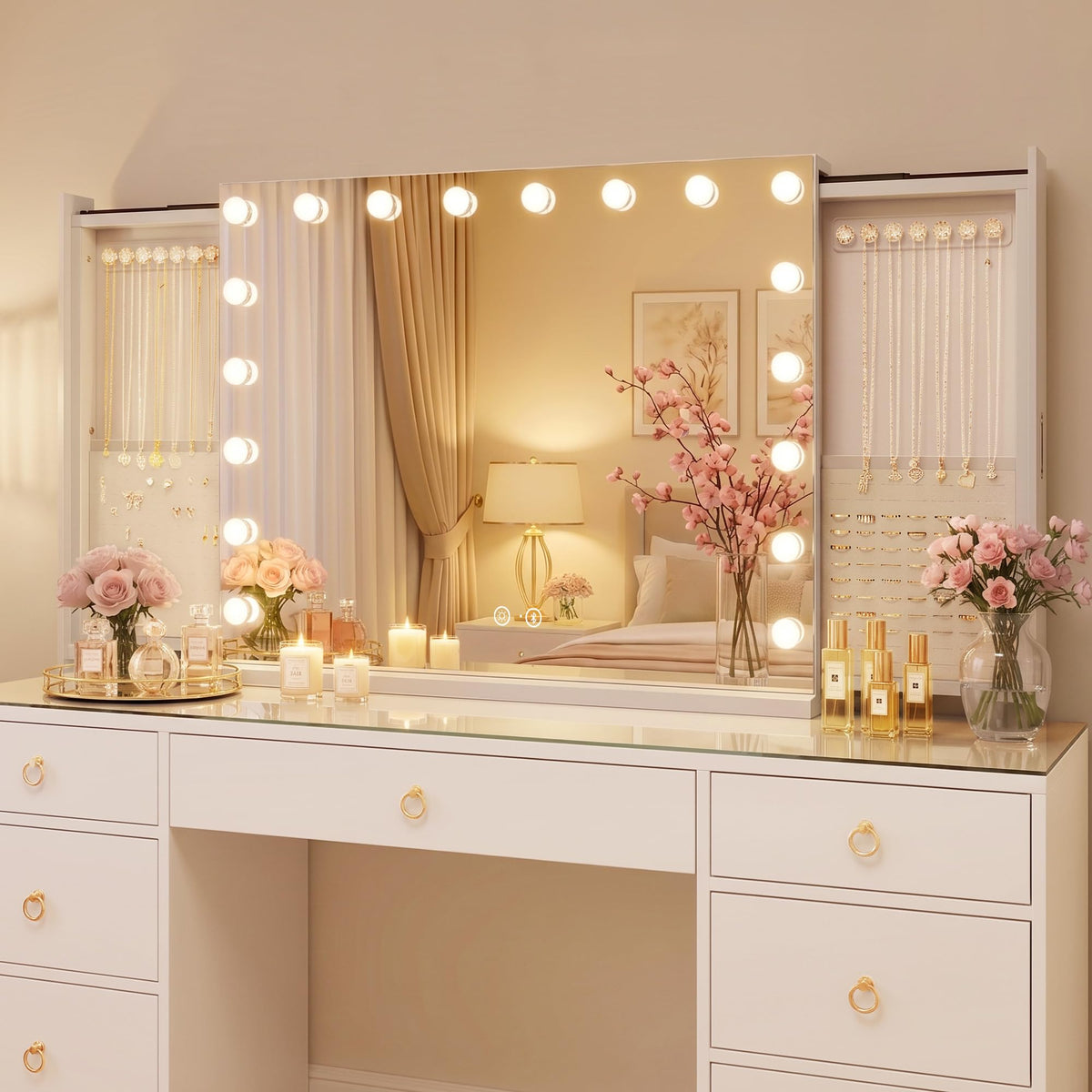 FENCHILIN Vanity Mirror with Lights Jewelry Organiser - FENCHILIN Official Imagery - 2