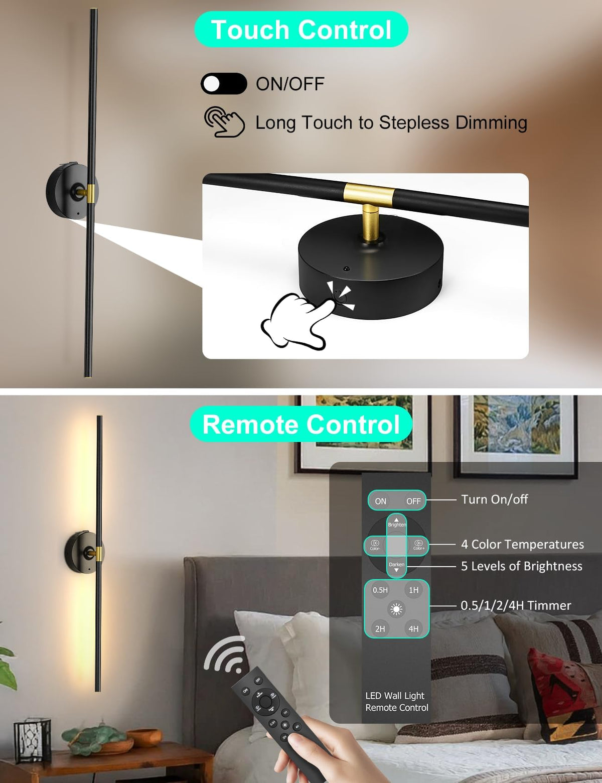 Wall Sconces Battery Operated Set of 2 10000mAh Rechargeable - TOOWELL Official Imagery - 5