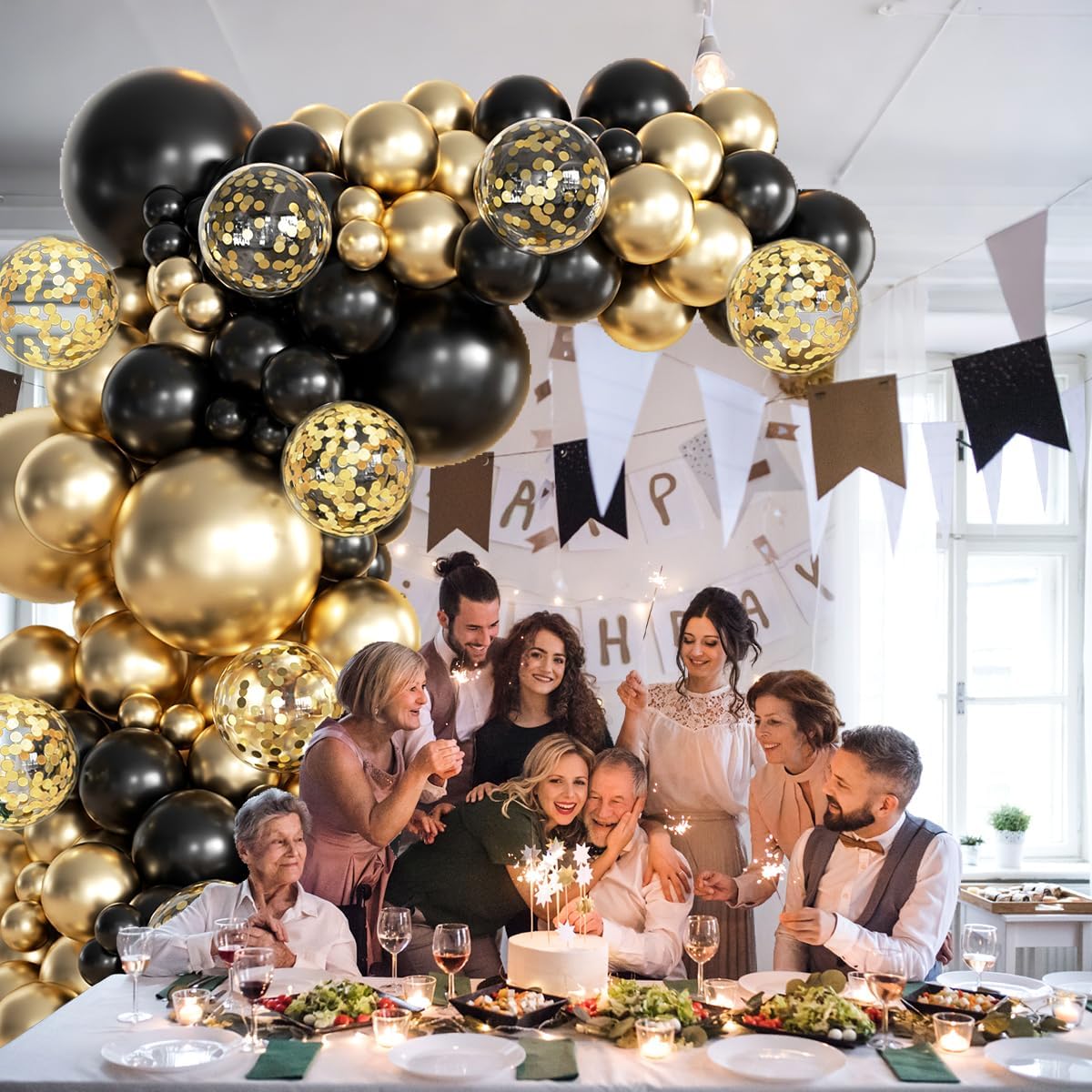 MEBAY 155Pcs Black and Gold Balloon Garland Arch Kit with Gold Confetti