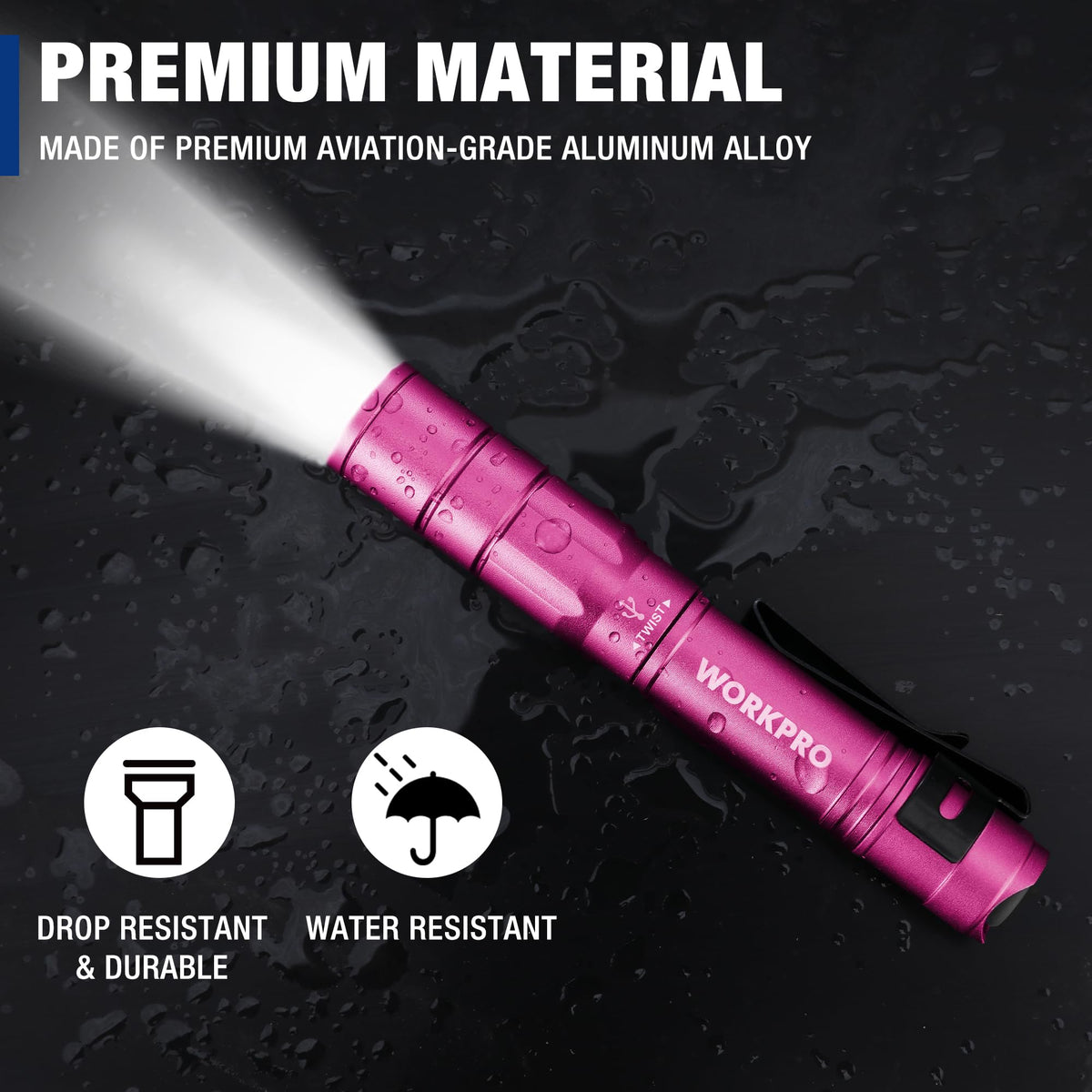 WORKPRO Rechargeable Pen Light 2 Pack Mini Flashlight Pink - WORKPRO Official Imagery - 7