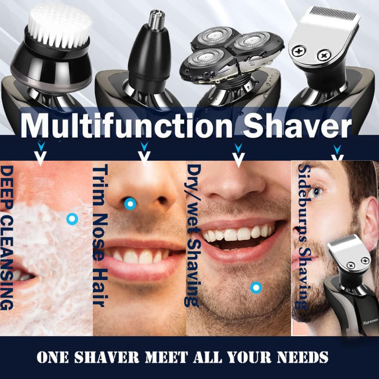 Kurener men's rechargeable electric shaver with waterproof rotary blades for smooth shaving, shown in a sleek design.