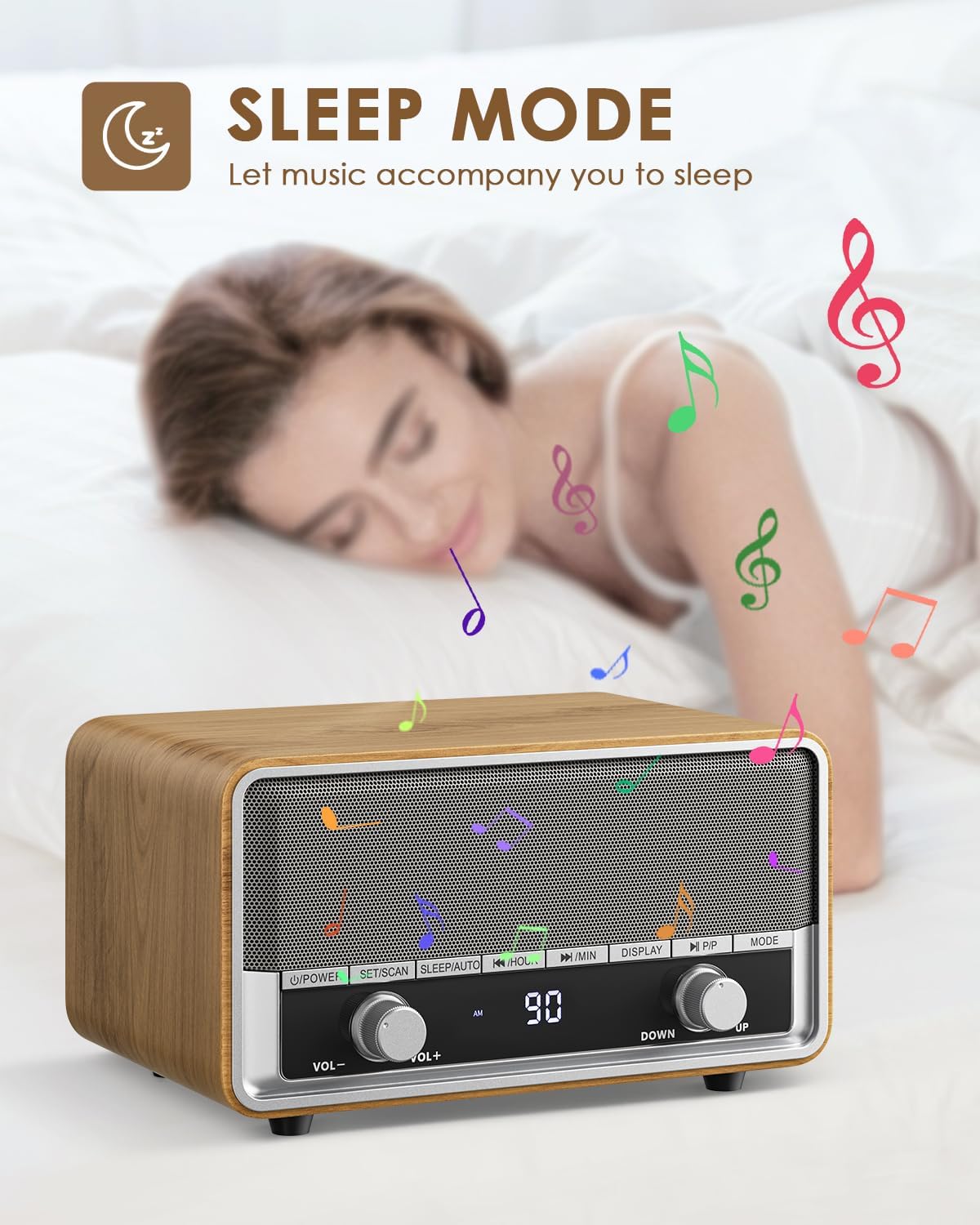 Vintage Audiocrazy wood AM FM Bluetooth radio with digital clock display and built-in clock, showcasing a classic retro design.