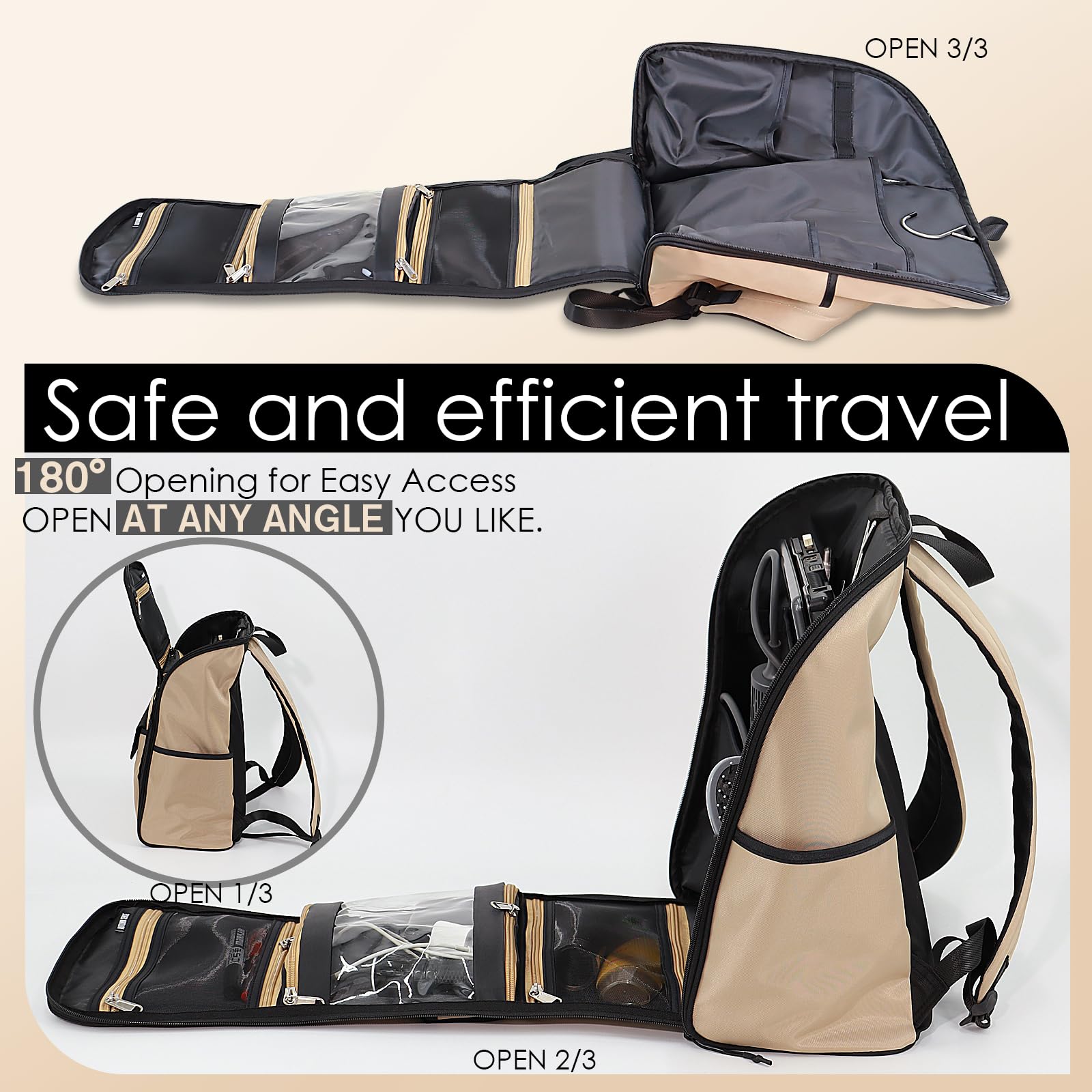 AUTUMN SENCE khaki travel backpack with large hanging toiletry organizer, water-repellent hygiene bag, and multiple compartments.