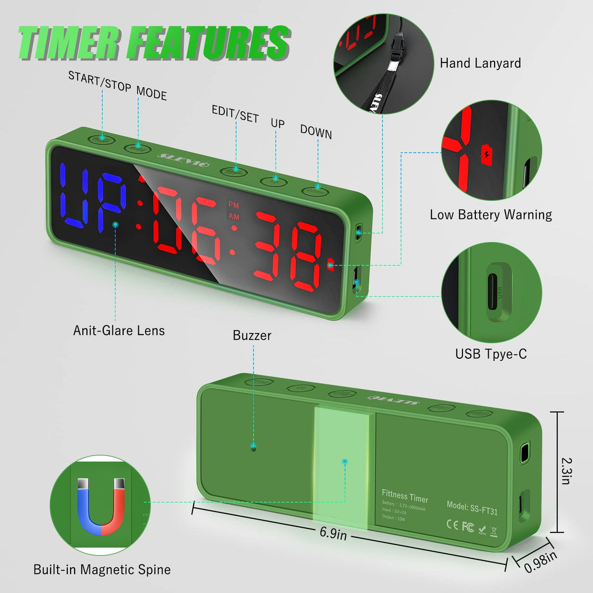 Portable Gym Workout Timer Fitness Clock with The Rubber - SLEVIO Official Imagery - 6
