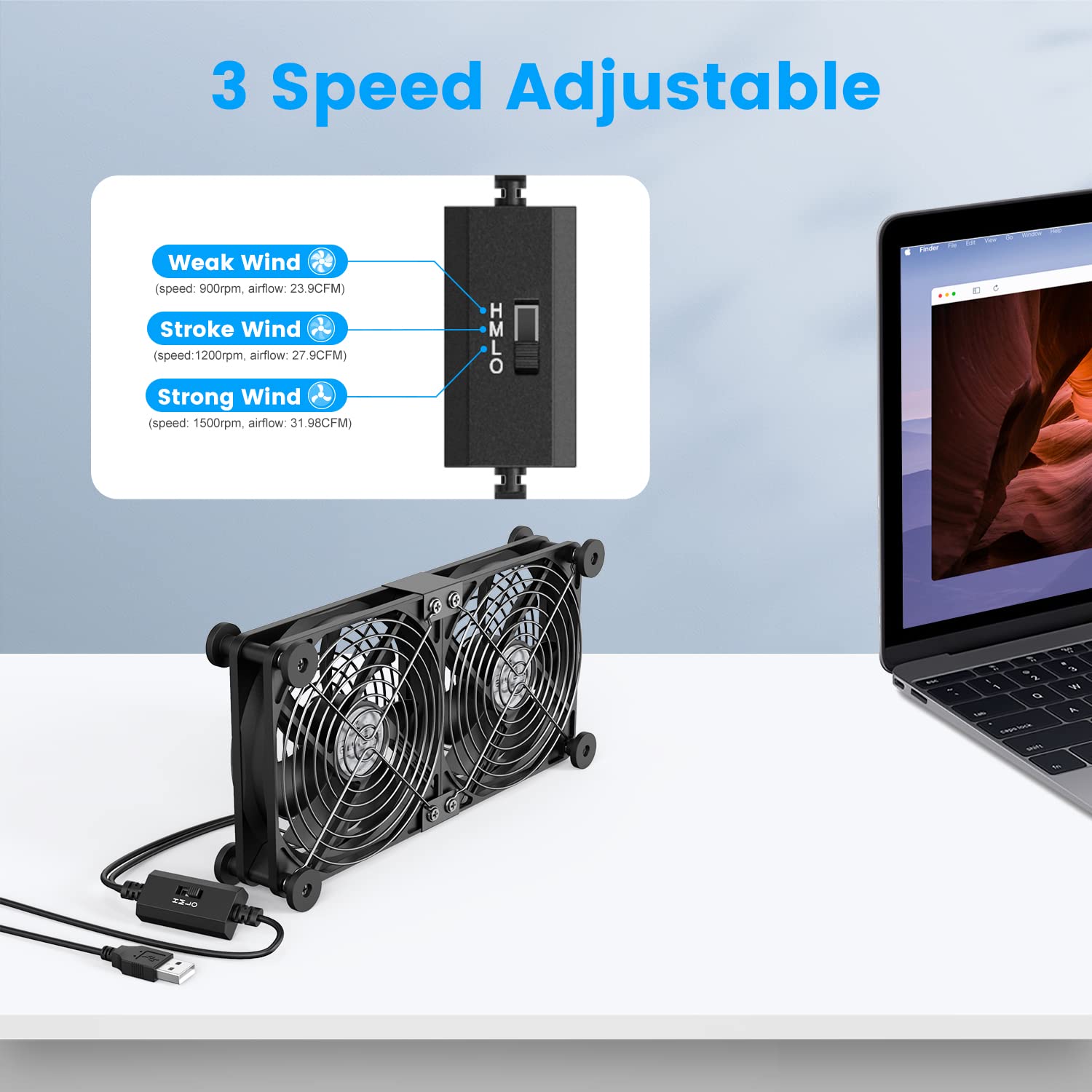 ELUTENG Dual USB Computer Cooling Fan High Speed 120mm Fan Adjust by ELUTENG - Angle View 5