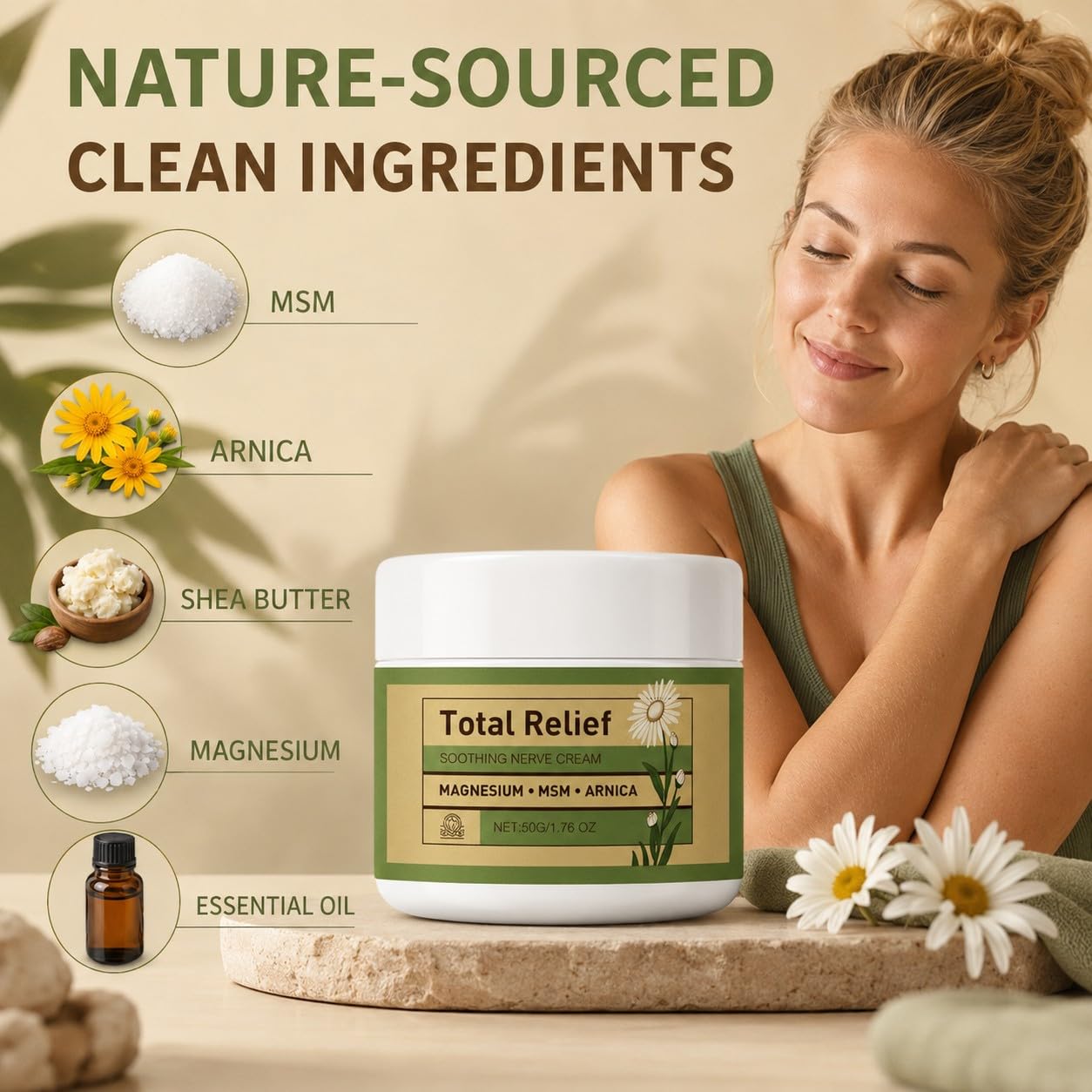 UKJGDI Magnesium MSM Arnica soothing body cream in 1.76 oz jar, moisturizing skin with natural ingredients for relaxation and comfort.