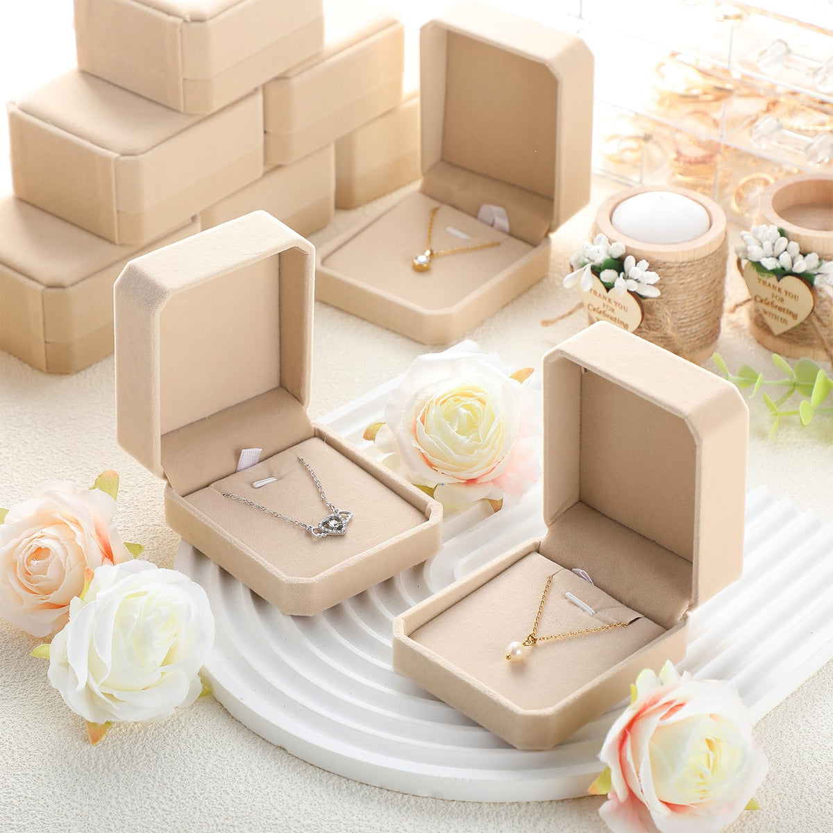 24 Pcs Velvet Jewelry Gift Boxes Bulk Beige - Sureio Official Imagery - 8
