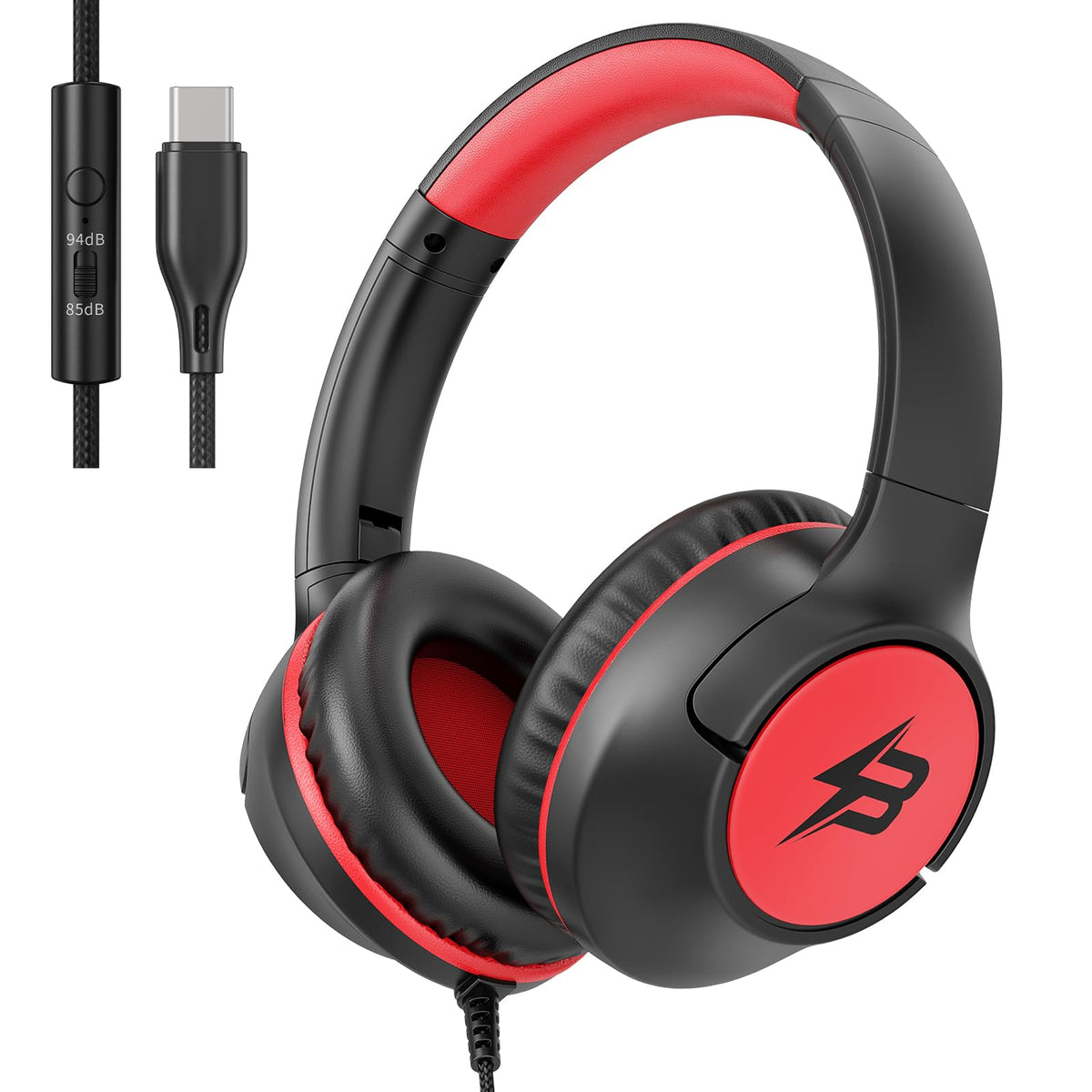 Black and red wired USB C headphones for kids with microphone, volume limit of 85/94dB, designed for tablets and computers by Botesty Sound.