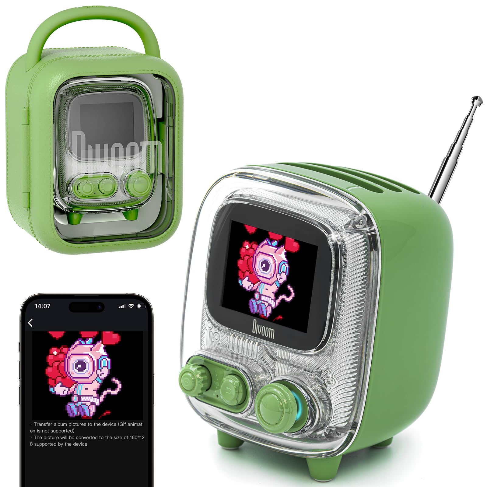 Divoom Tiivoo-2 Retro Bluetooth Speaker, FM Radio, Pixel Art Display, Green - Divoom Official Product View 1