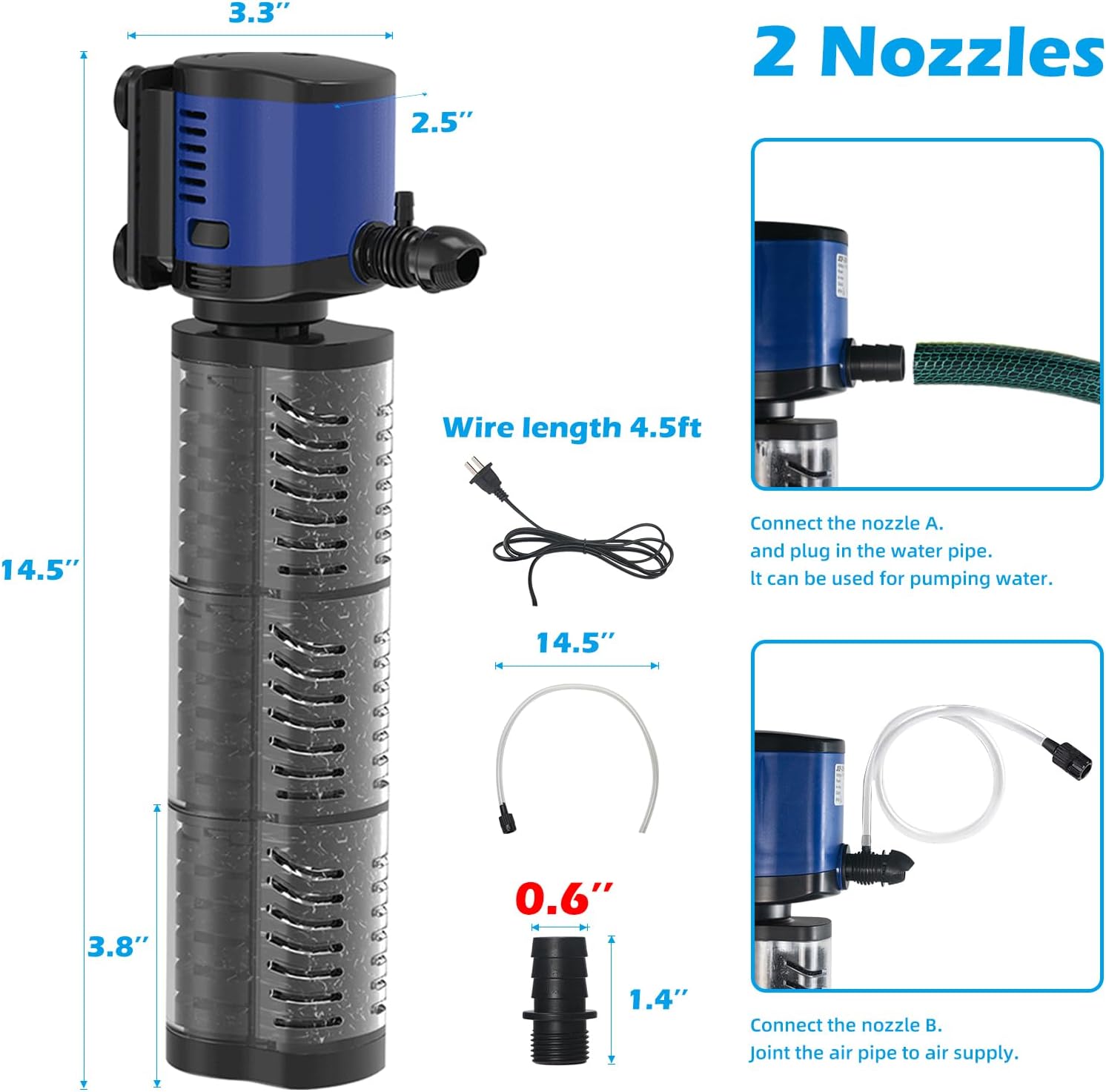 TARARIUM Fish Tank Filter with 400 GPH flow rate for large aquariums, suitable for ponds and fountains, positioned inside an aquarium.