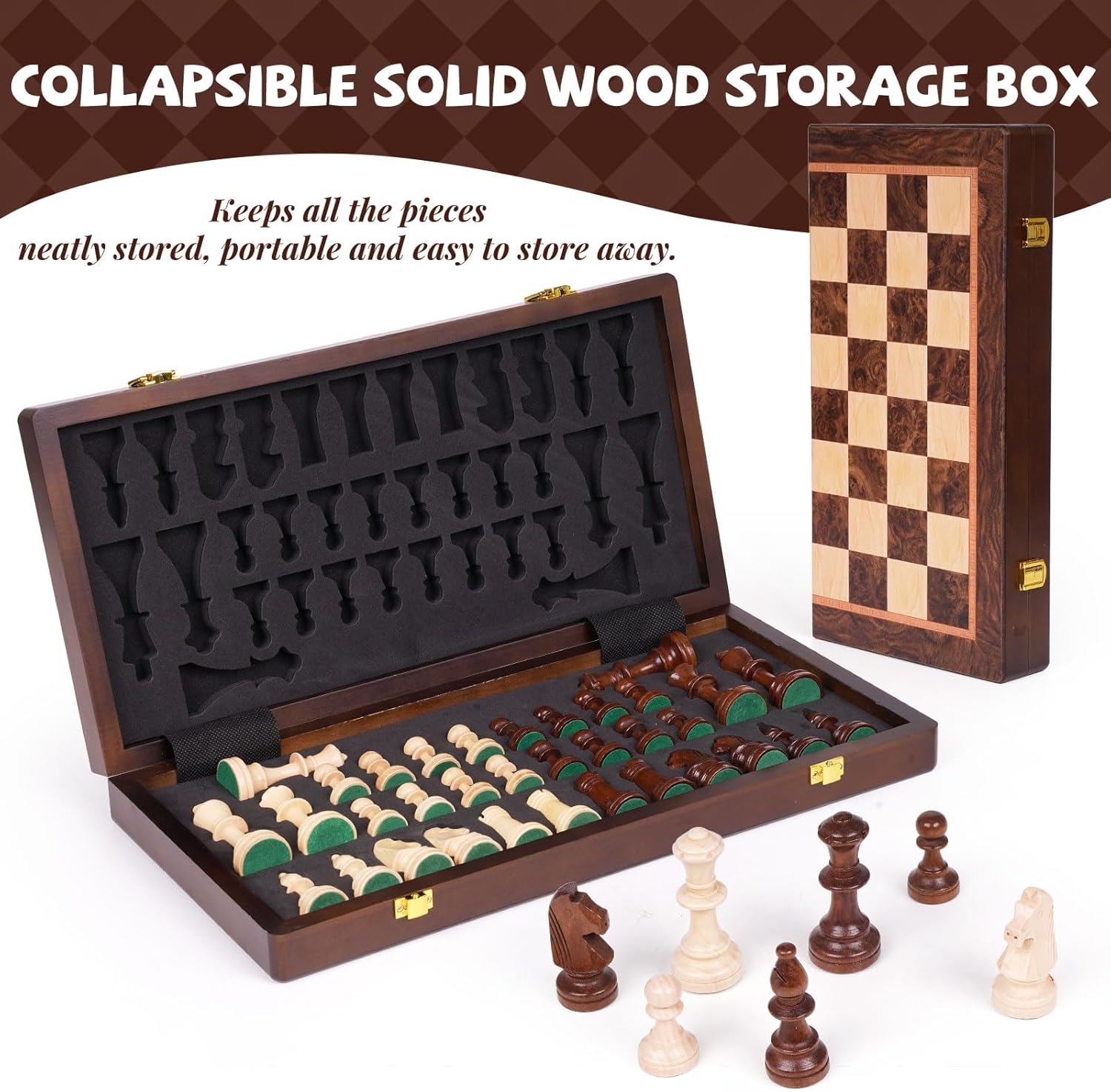 Magnetic 15-inch wooden chess set with folding design and storage compartment, ideal for travel and portable chess games.