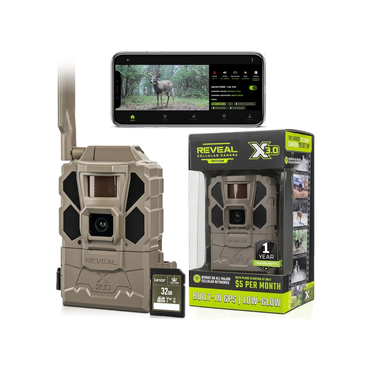 Tactacam REVEAL X Gen 3.0 cellular trail camera with multi-carrier support, HD photos and videos, and durable outdoor design.