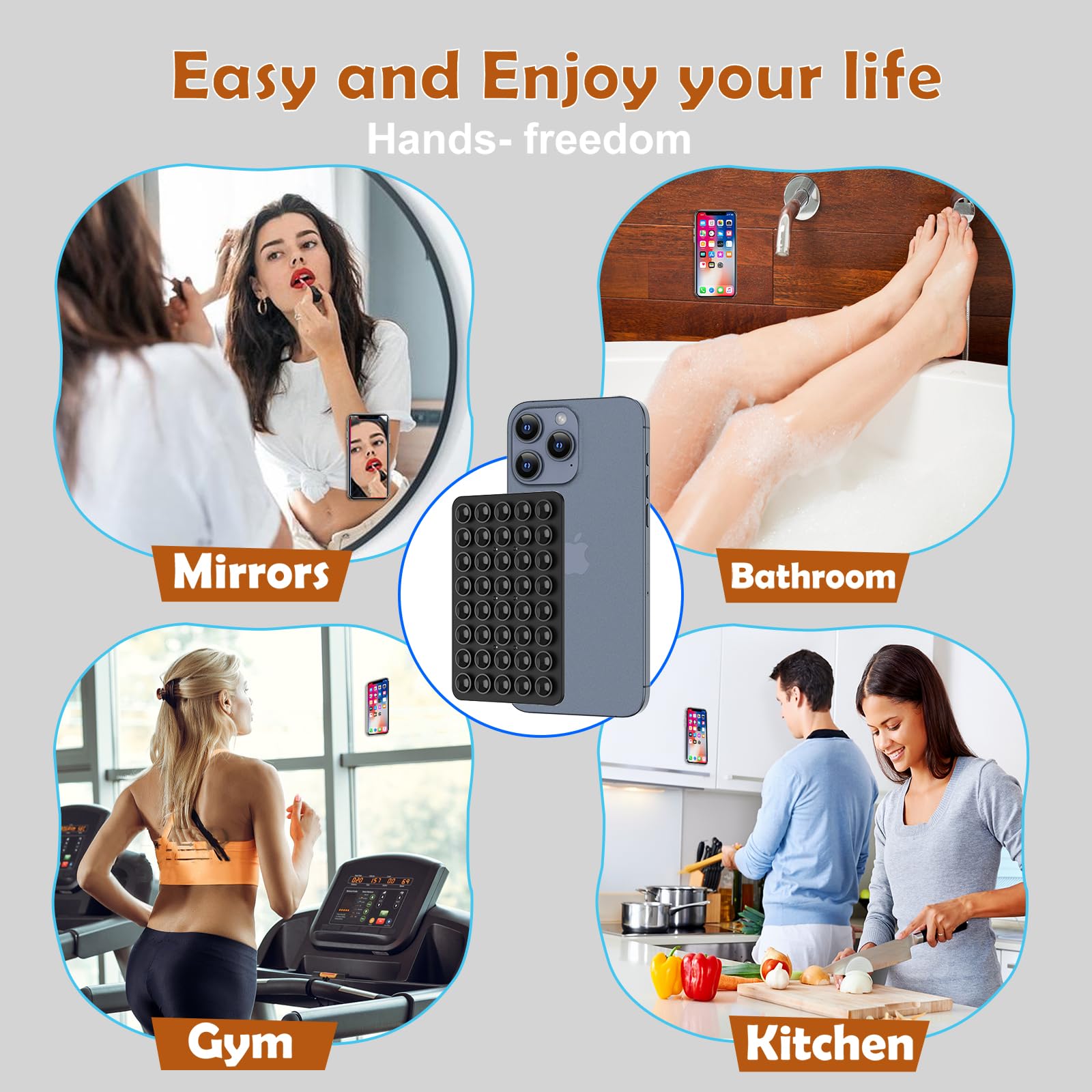 CMZZ double-sided silicone suction phone holder mount with black and white design, suitable for iPhone and Android, hands-free use.