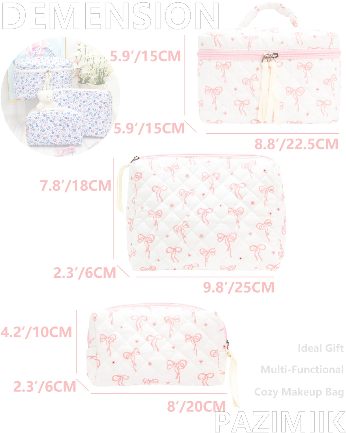3 Piece Quilted Makeup Bag Set for Women Cosmetic Toiletry - PAZIMIIK Official Imagery - 5