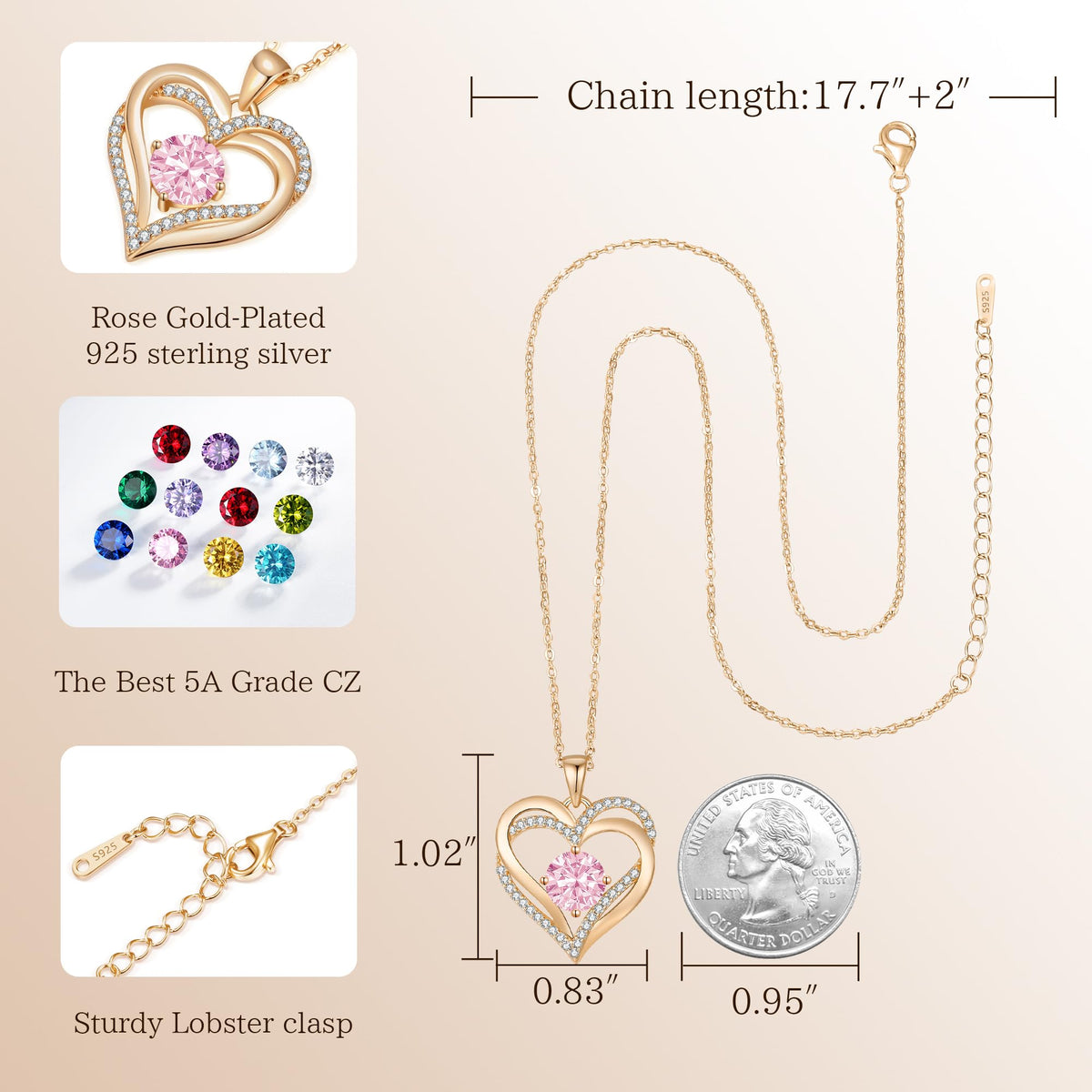 925 Sterling Silver Love Heart Birthstone Necklace for Women - LOUISA SECRET Official Imagery - 5