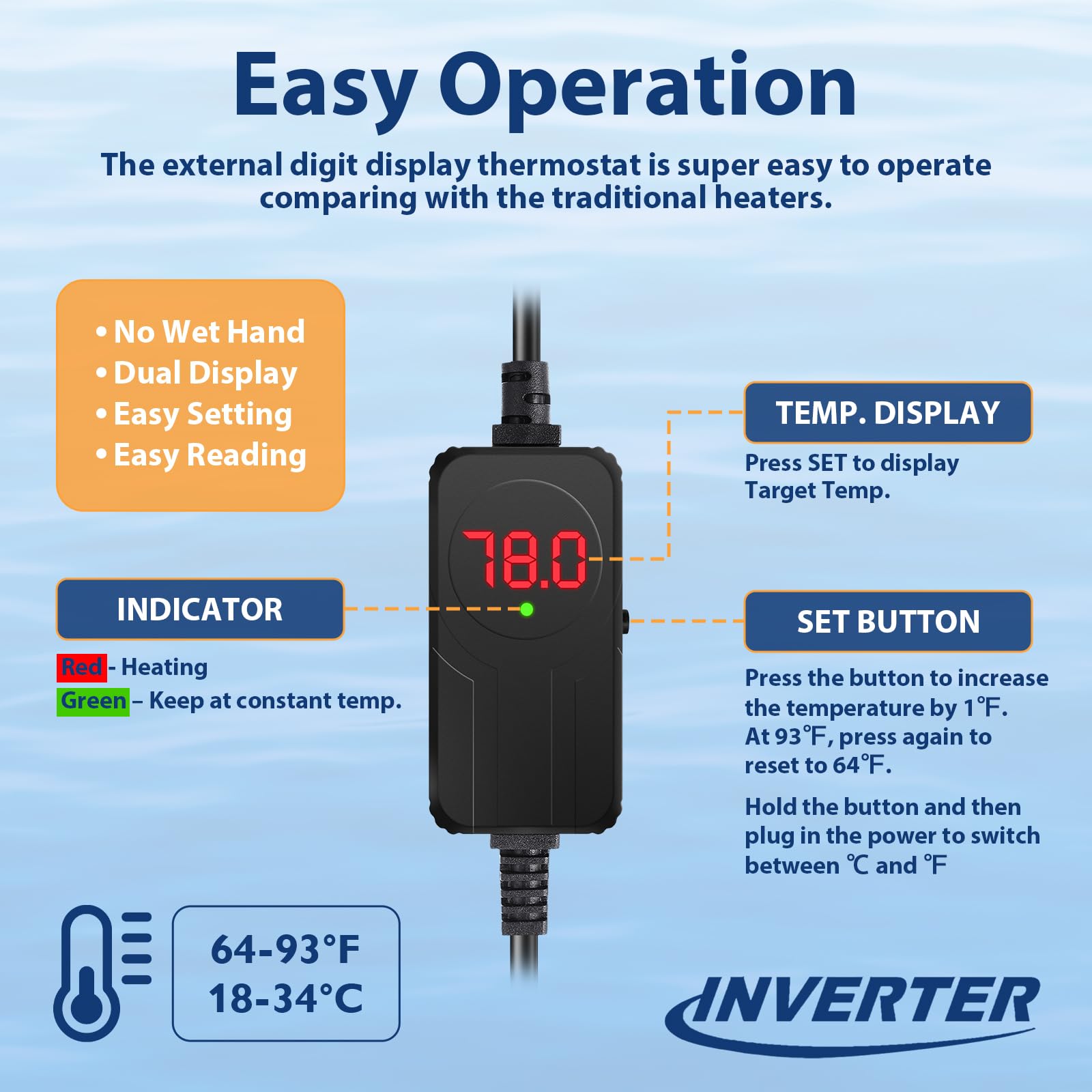 AquaMiracle Submersible Aquarium Heater with LED Digital Temp Dis - AquaMiracle Official Product View 3