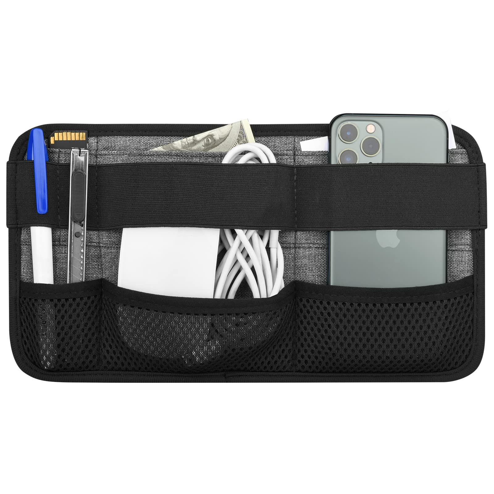 Gray Homakover portable tech organizer caddy attached to a laptop, holding cables, mouse, power bank, USB adapters, and charger.