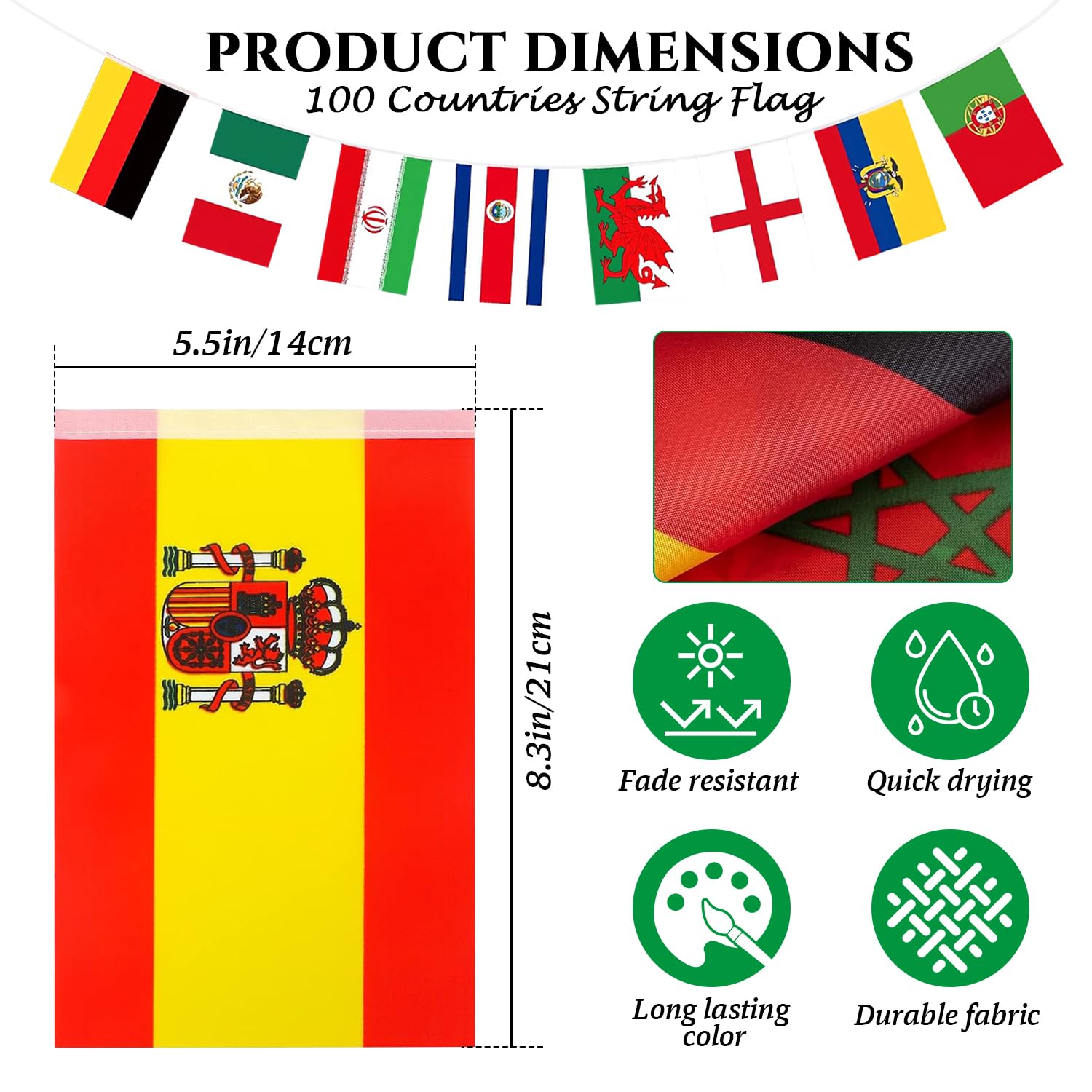 Two packs of 100-country international flag banners, 82-foot string set by CrysGuard, featuring colorful world flags for celebrations.