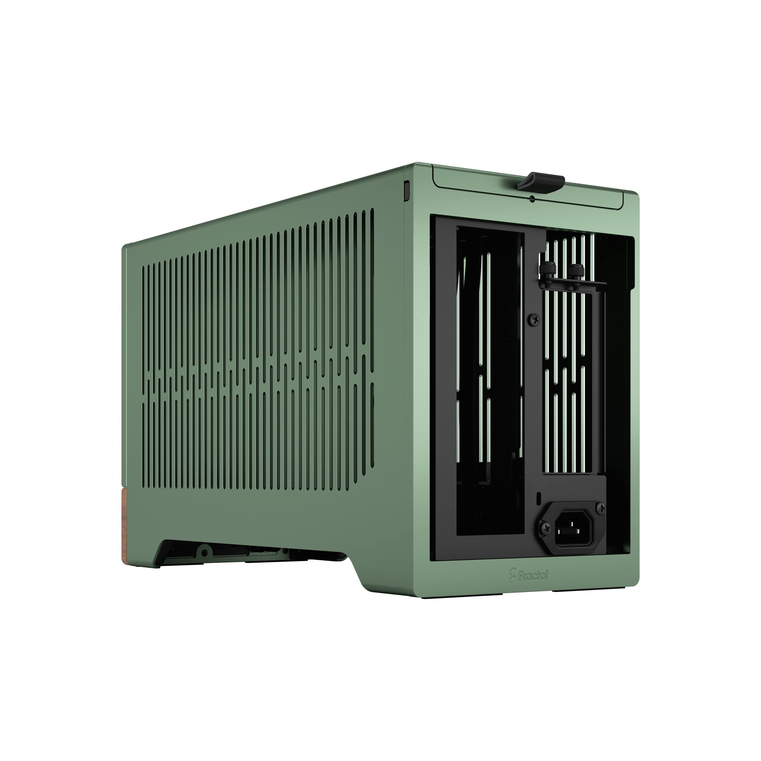 Fractal Design Terra Jade mini ITX gaming computer chassis with walnut wood front panel and anodized aluminum side panels.