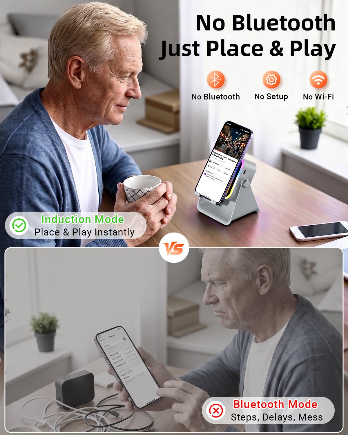 Oresoc Induction Speaker 5-in-1 Bluetooth Audio for iPhone Android with Phone St - Oresoc Official Product View 3