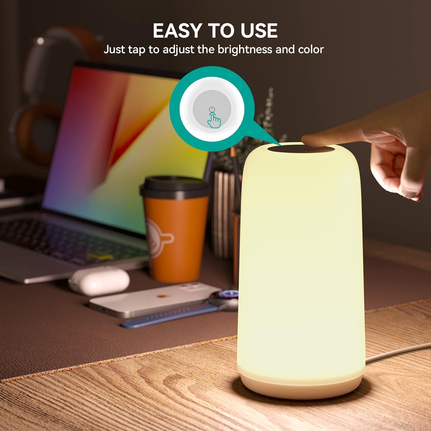 ROOTRO Touch Bedside Table Lamp with sleek design, RGB mode, and 3-way dimmable small lamp on a nightstand.
