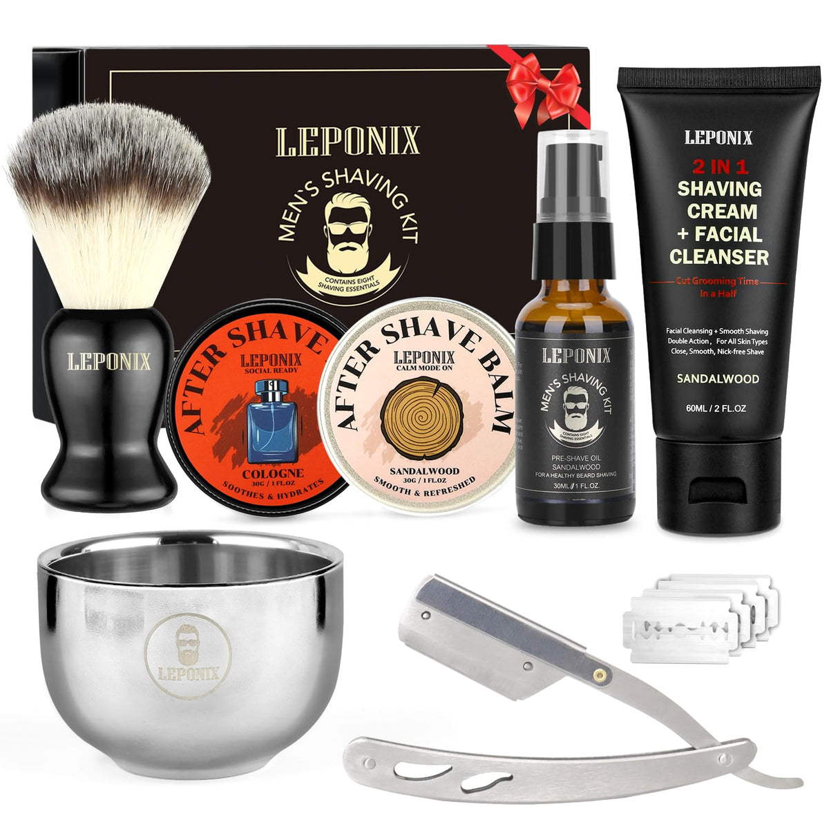 Shaving Kit for Men with Straight Razor Shaving Brush and - LEPONIX Official Imagery - 2