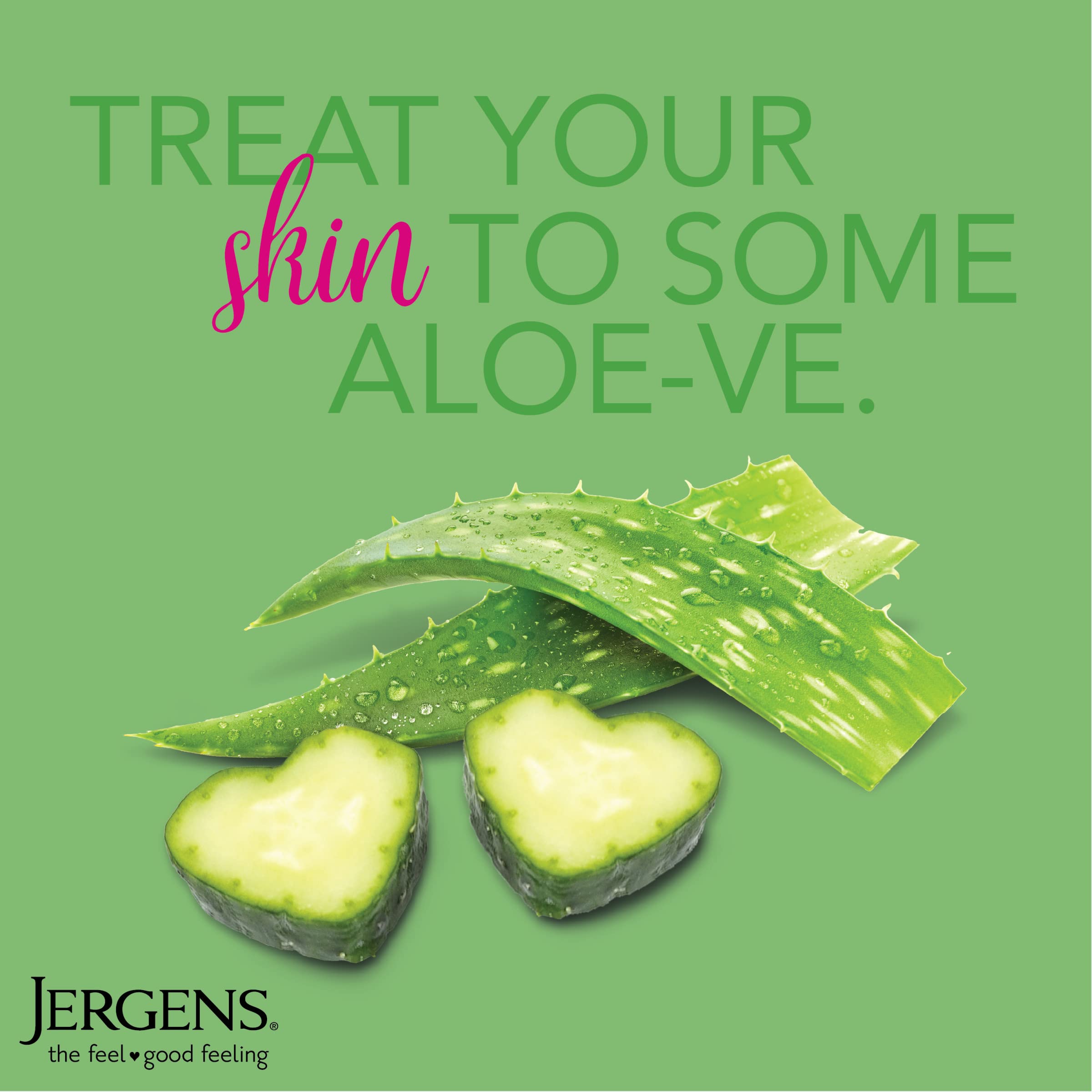 Jergens Soothing Aloe Body Lotion for dry skin, 21 fl oz bottle, moisturizing skin with aloe vera in a pump dispenser.