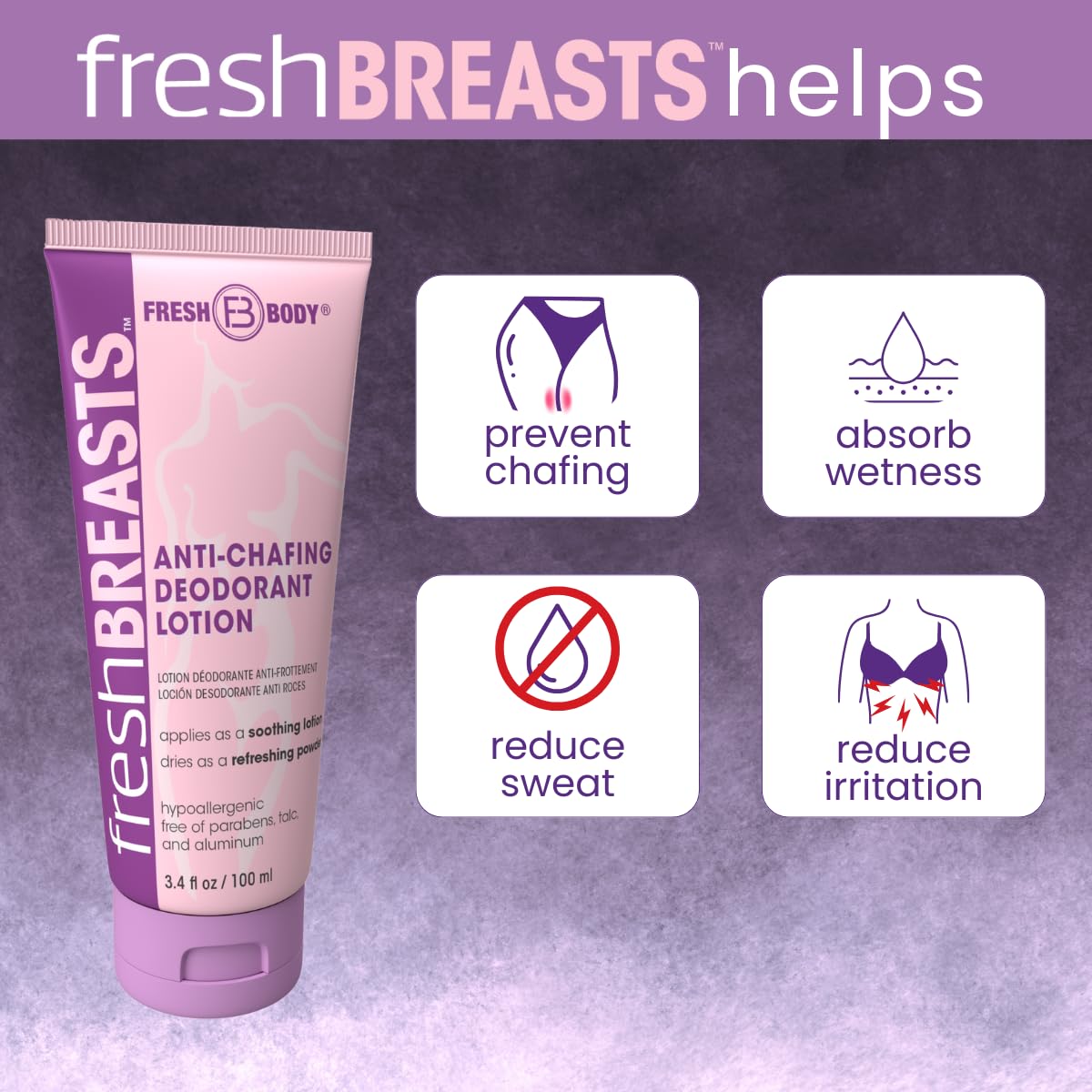 Fresh BREASTS Anti Chafing Deodorant Lotion to Powder 3 4oz - Fresh Body FB Official Imagery - 4