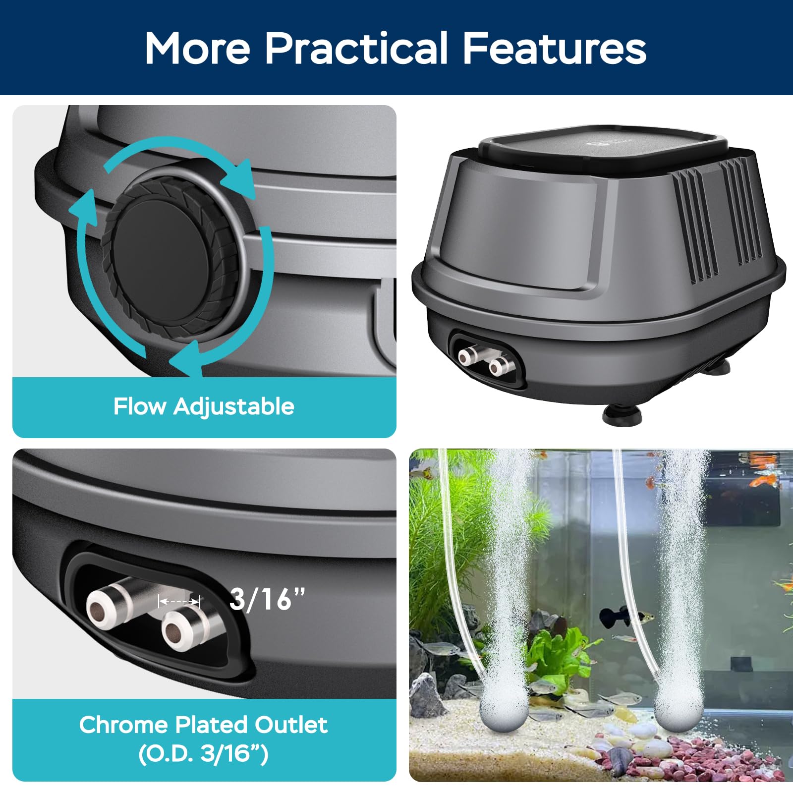 AquaMiracle Aquarium Air Pump 3W/6W/10W, Super Quiet Powerful Fis - AquaMiracle Official Product View 4