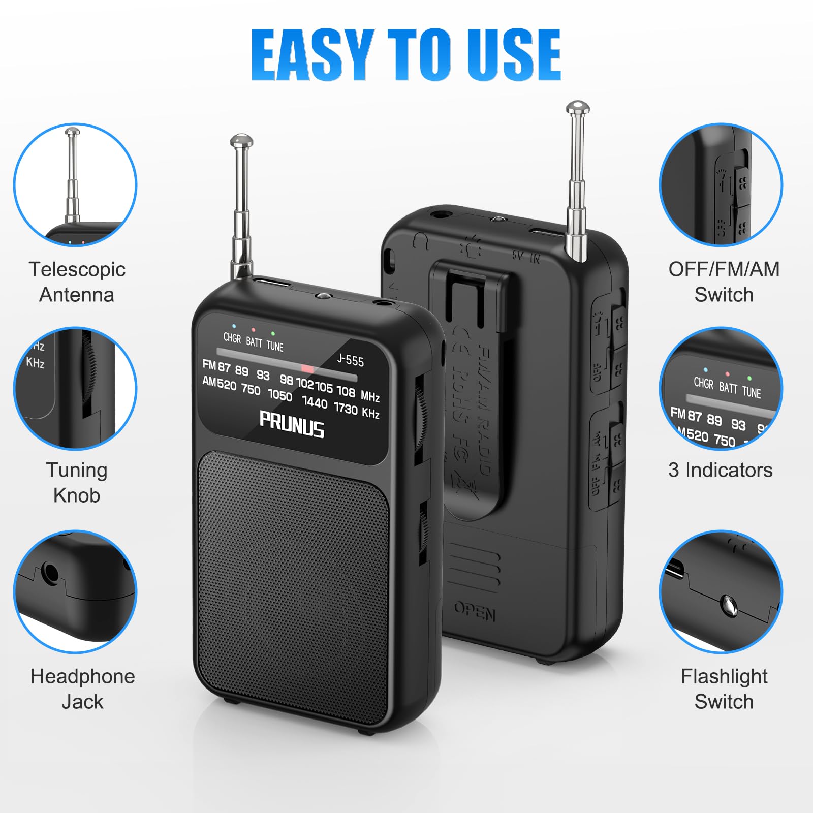 PRUNUS J-555 Pocket AM/FM Radio, USB-C & Battery, Clip