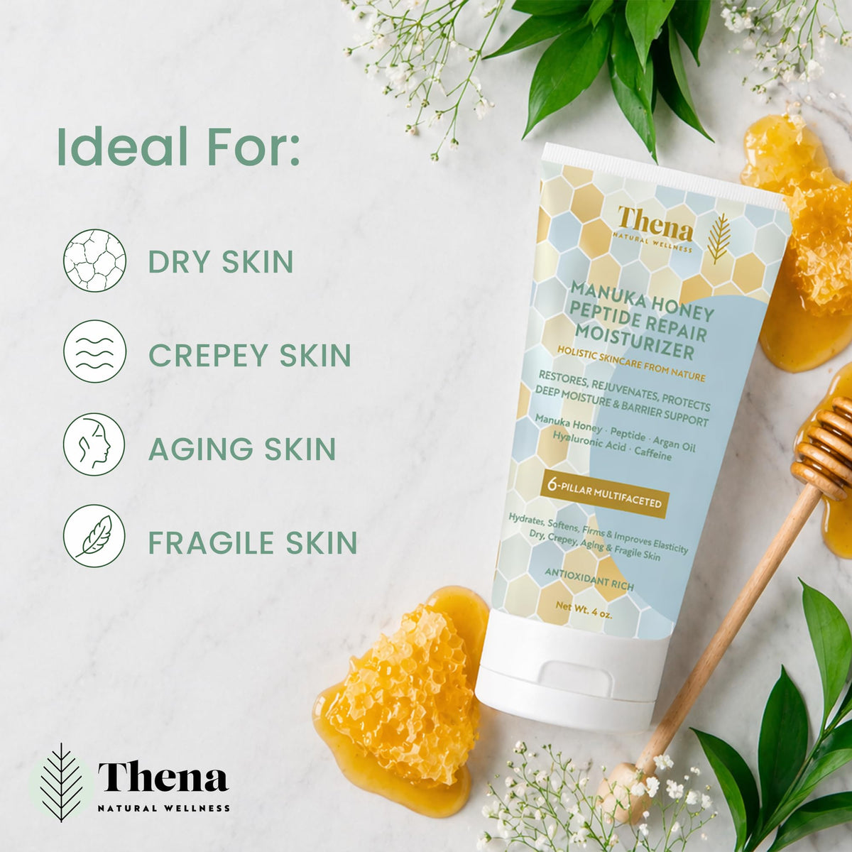 Organic Manuka Honey Peptide Moisturizer for Firming Aging - THENA Natural Wellness Official Imagery - 8