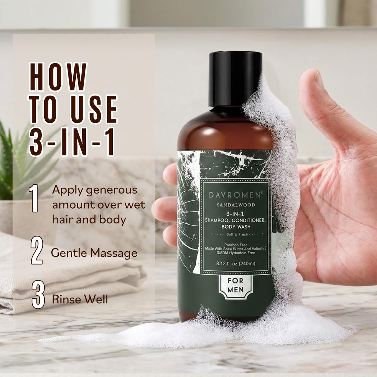 Men s Sandalwood Grooming Gift Kit 3 in 1 Hair Body Wash - Davromen Official Imagery - 4
