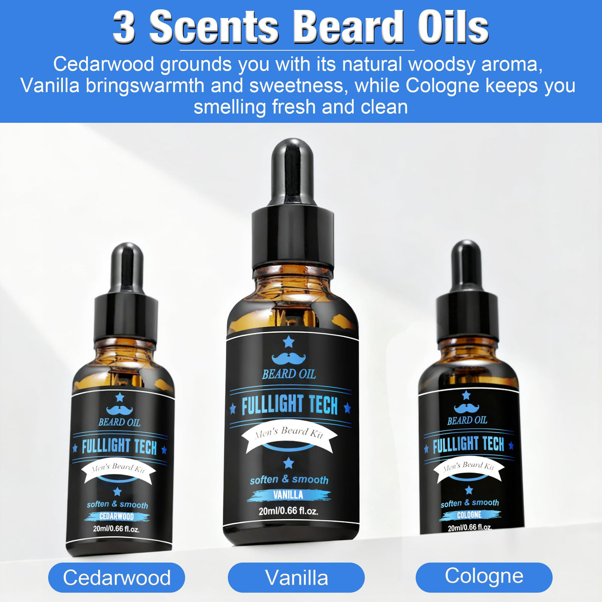 Beard Kit for Men with 3 Beard Oil Scents Vanilla Beard Wash - FULLLIGHT TECH Official Imagery - 4