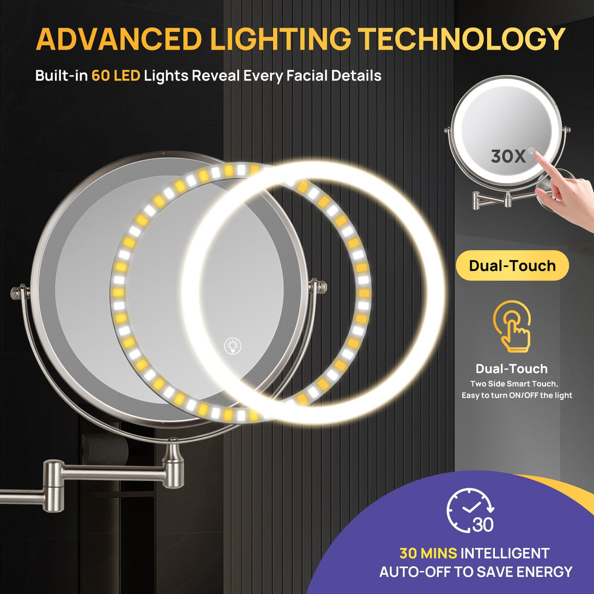 9 Wall Mounted Lighted Makeup Mirror 30X 1X Magnifying - SANFANGIE Official Imagery - 4