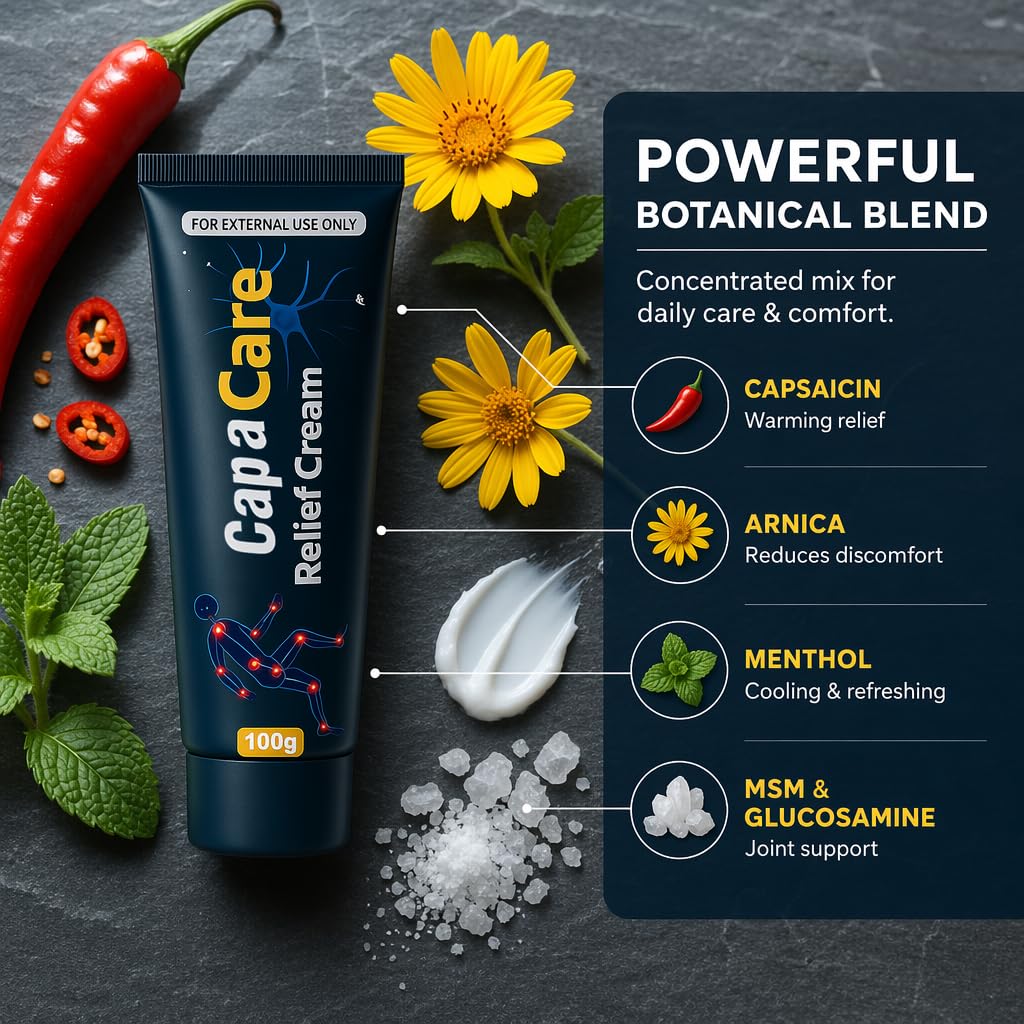 Original Capacare Neuropathy Relief Cream, Neurosoothe Formula Nerve Cream, Contains Capsaicin, Arnica, Menthol, Msm, and Glucosamine, Suitable for Feet, Hands, Legs, Muscles, Joints and Waist 100g