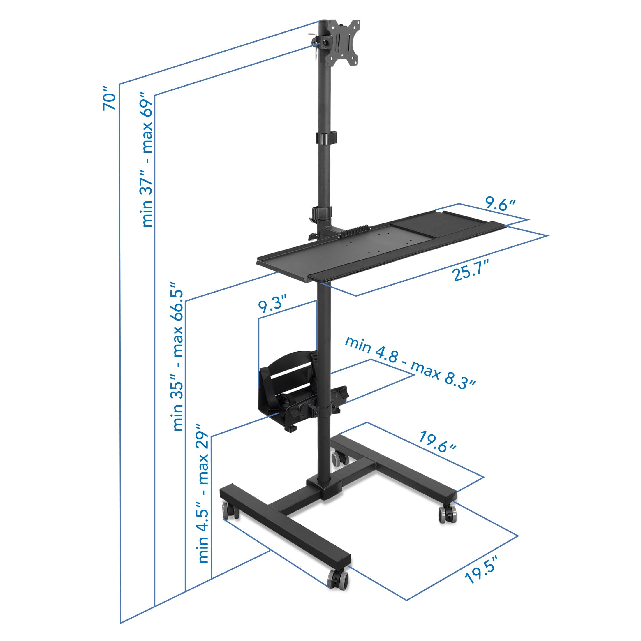 Mount-It! Rolling Computer Cart on Wheels, Mobile Desk Workstation with Monitor Mount for up to 32" Screen, Full Keyboard Tray, Floating Adjustable CPU Holder, Standing up to 70" Tall