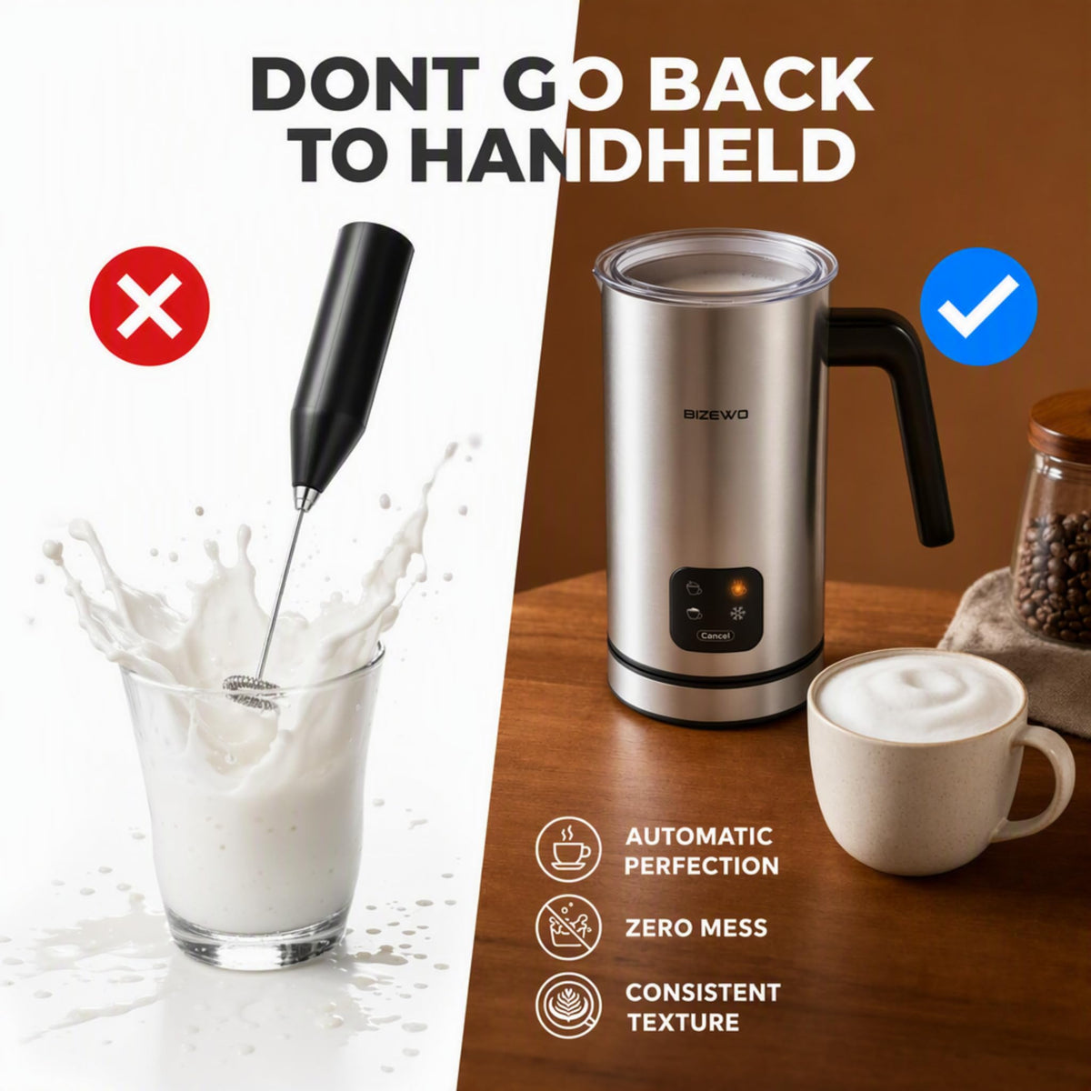Milk Frother Electric 4 IN 1 Warm and Cold Milk Steamer for - BIZEWO Official Imagery - 8