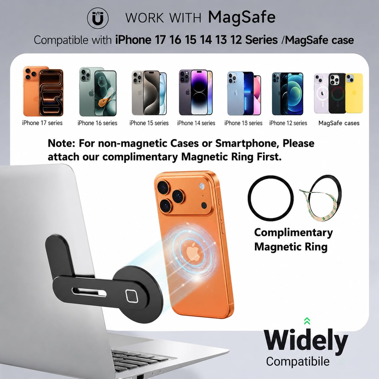 GadgetBite Magnetic Phone Holder for Laptop Phone Mount Designed for iPhone 17/16/15/14/13/12 MagSafe Adjustable Phone Holder Monitor Side Mount Slim Portable Foldable Computer Expansion Bracket Black