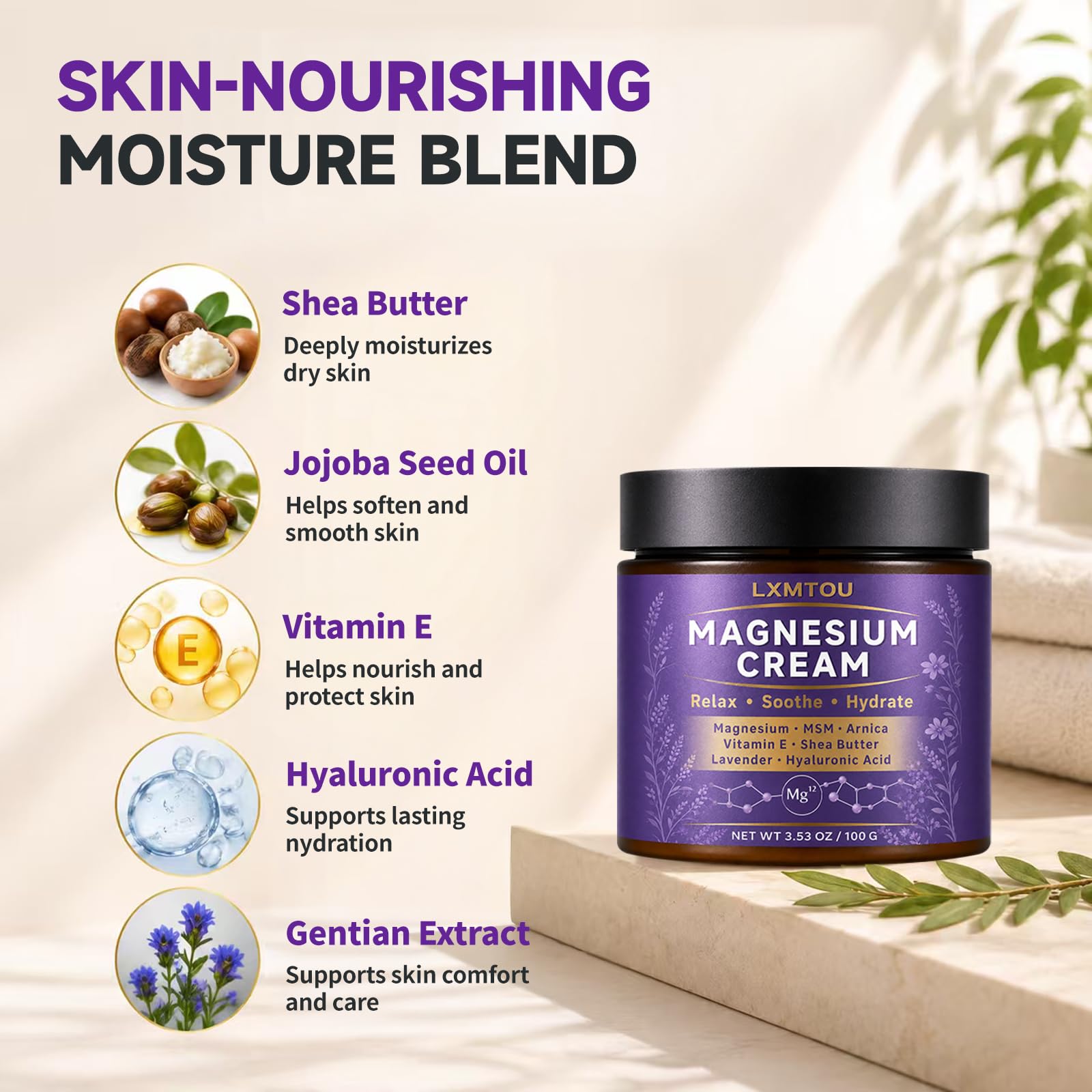 lxmtou Magnesium Cream with MSM and arnica, a skin moisturizer for sleep and muscle relief, shown in a tube.