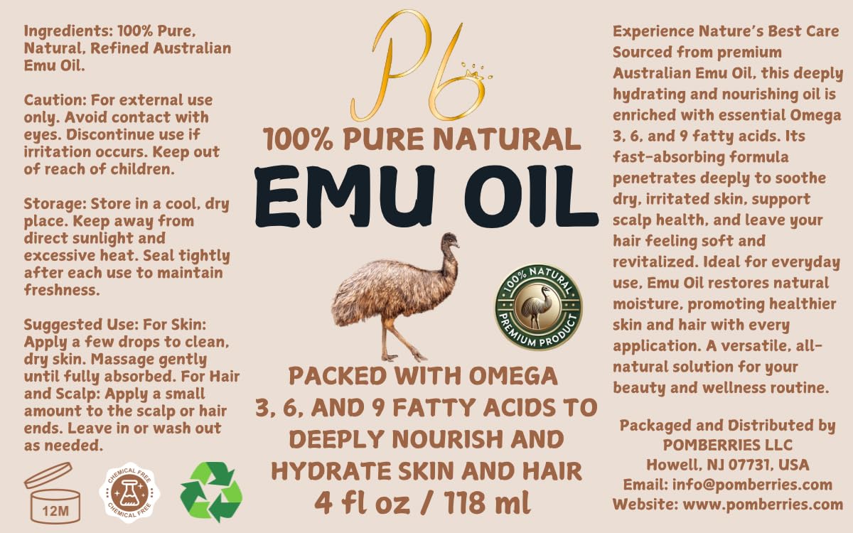 Pomberries Emu Oil, 100% Pure Australian Emu Oil for Skin, 4 fl oz