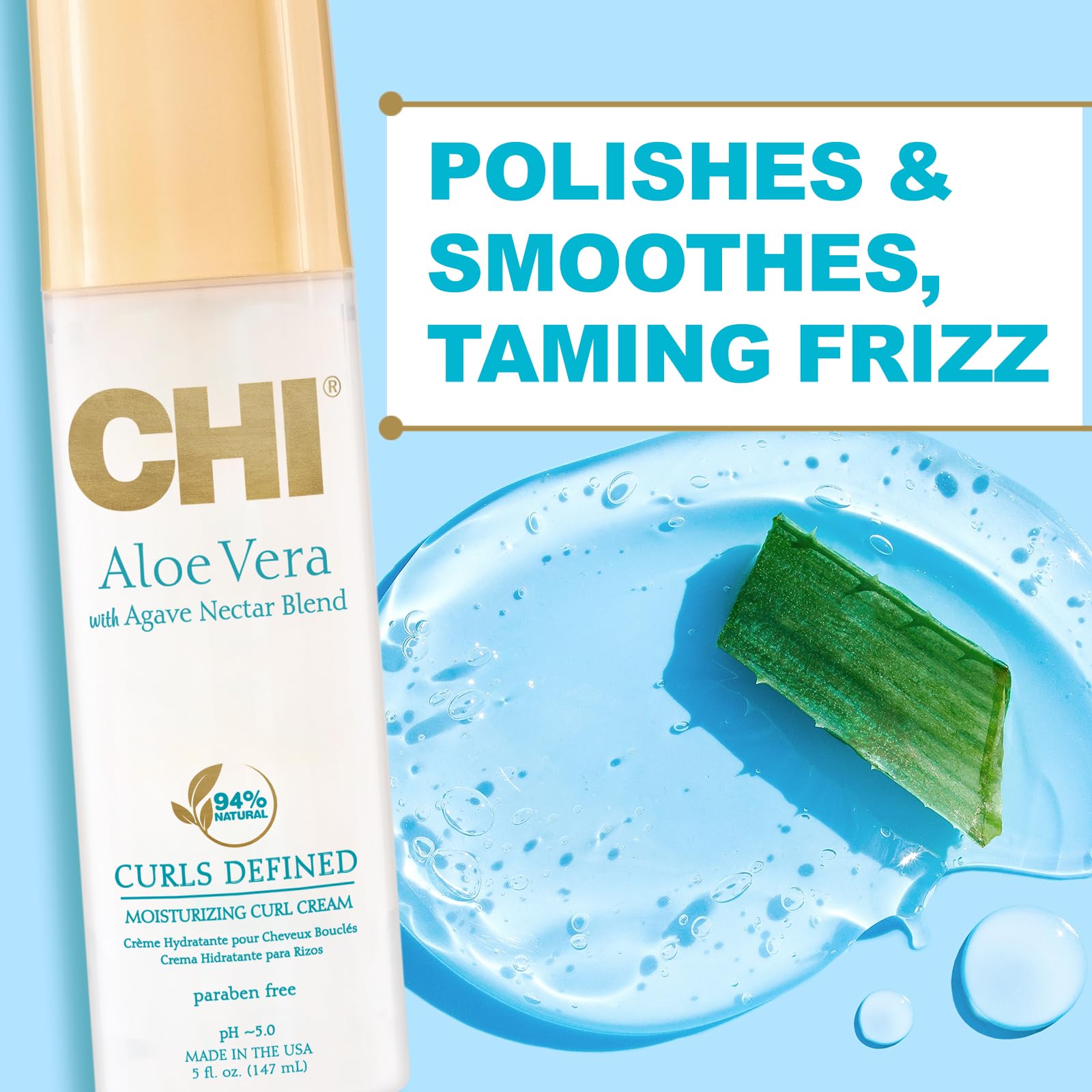 CHI Aloe Vera Moisturizing Curl Cream, Leaves Curls Defined, Bouncy, & Crunch-Free, Sulfate, Paraben & Gluten Free, 5 Oz