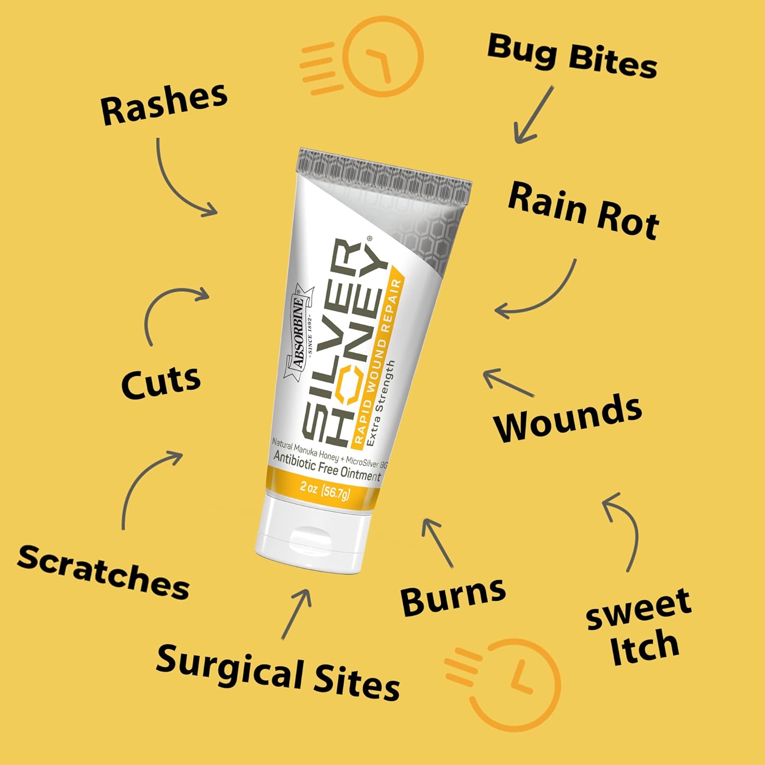 Silver Honey Absorbine Silver Honey Rapid Wound Repair Ointment 2oz tube with Manuka honey, shown in the image.