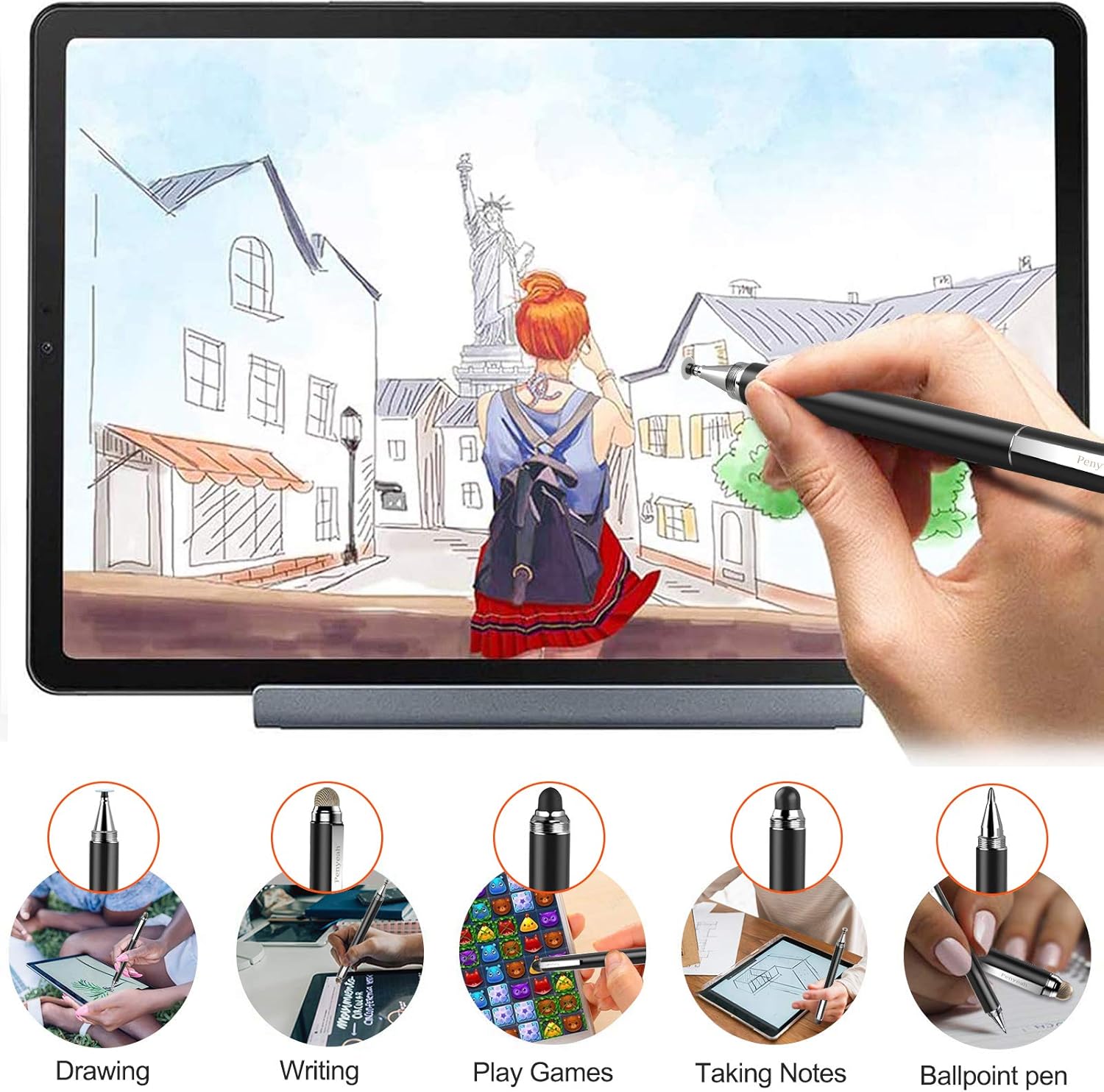 Penyeah 4-in-1 disc stylus pen for touch screens, high precision digital stylus with versatile tip for tablets and smartphones.
