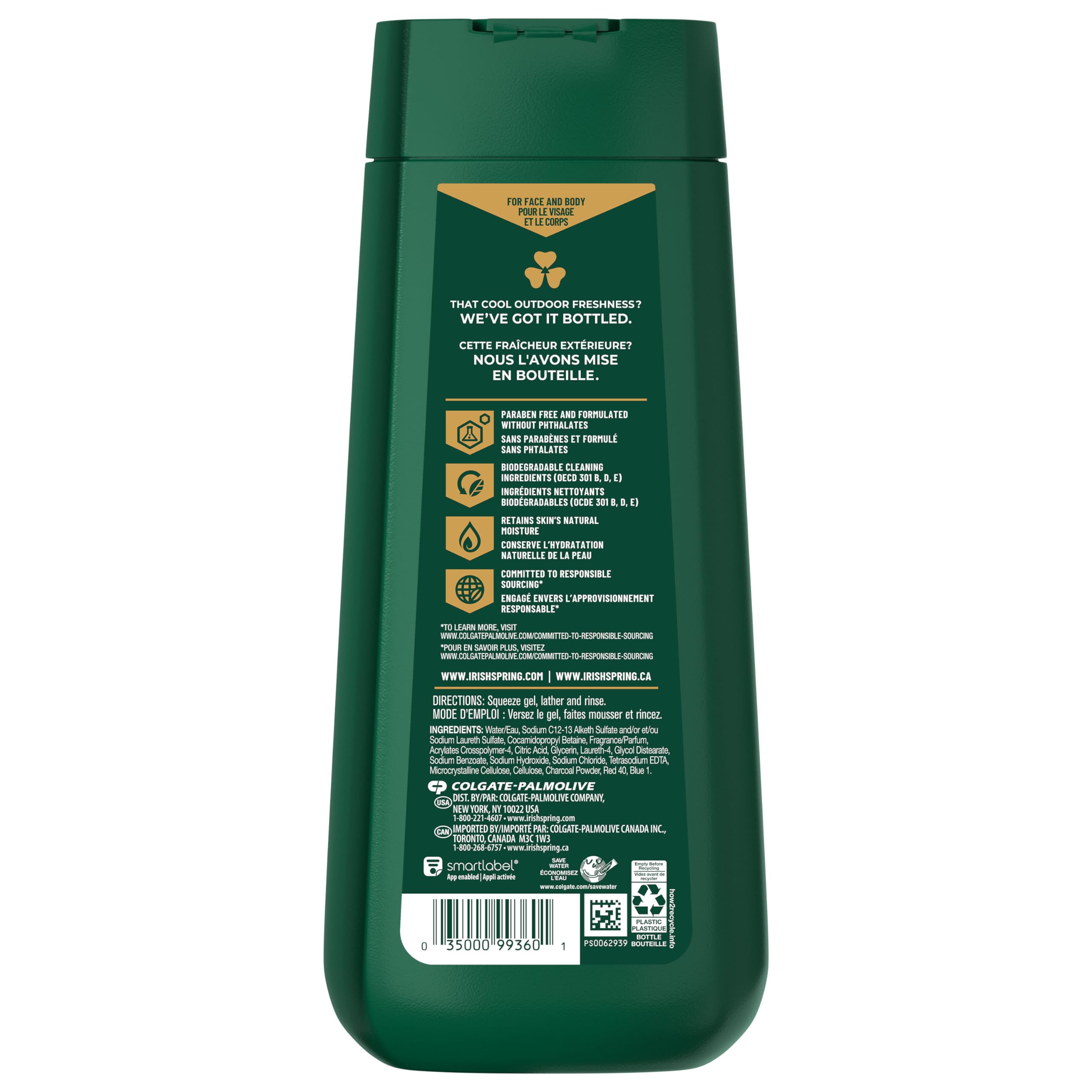 Irish Spring Men's Body Wash Shower Gel, Charcoal Refresh, 20 Fl Oz (Pack of 4)