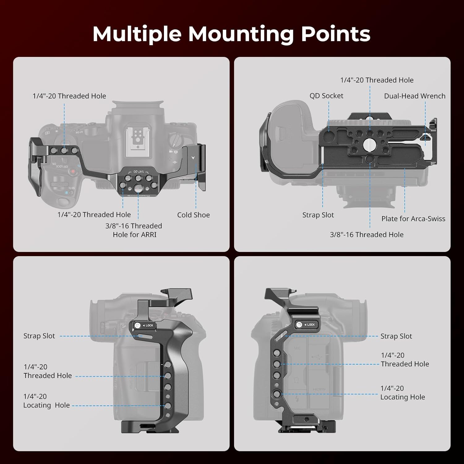 SmallRig R5 II cage for Canon R5 Mark II, aluminum alloy camera video cage with multiple mounting points and sturdy construction.