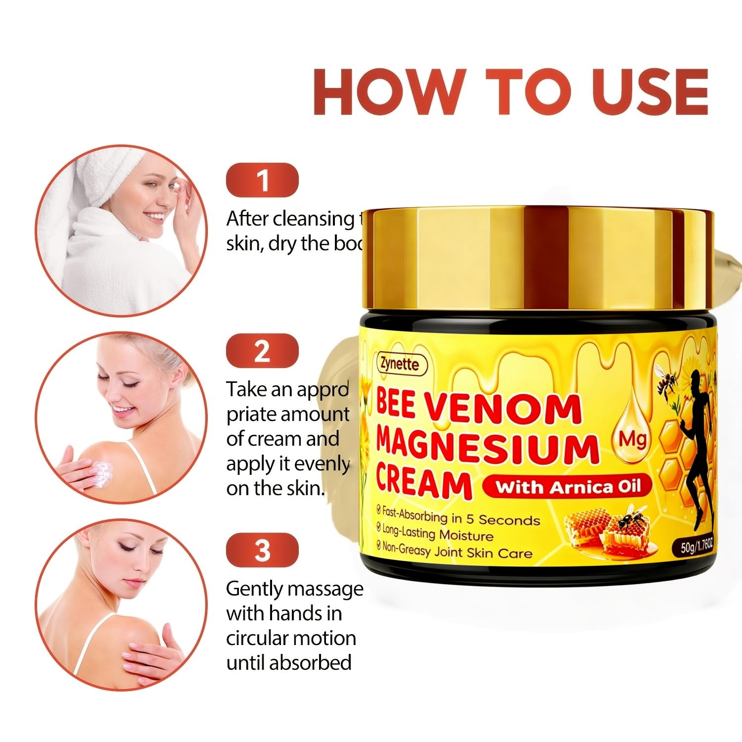 Zynette Bee Venom Magnesium Cream with Arnica Oil Collagen Retinol Anti-aging Moisturizing Cream Deep Hydration Firming Lifting Brighten Smooth Facial Tightening Cream for Joint Skin Care